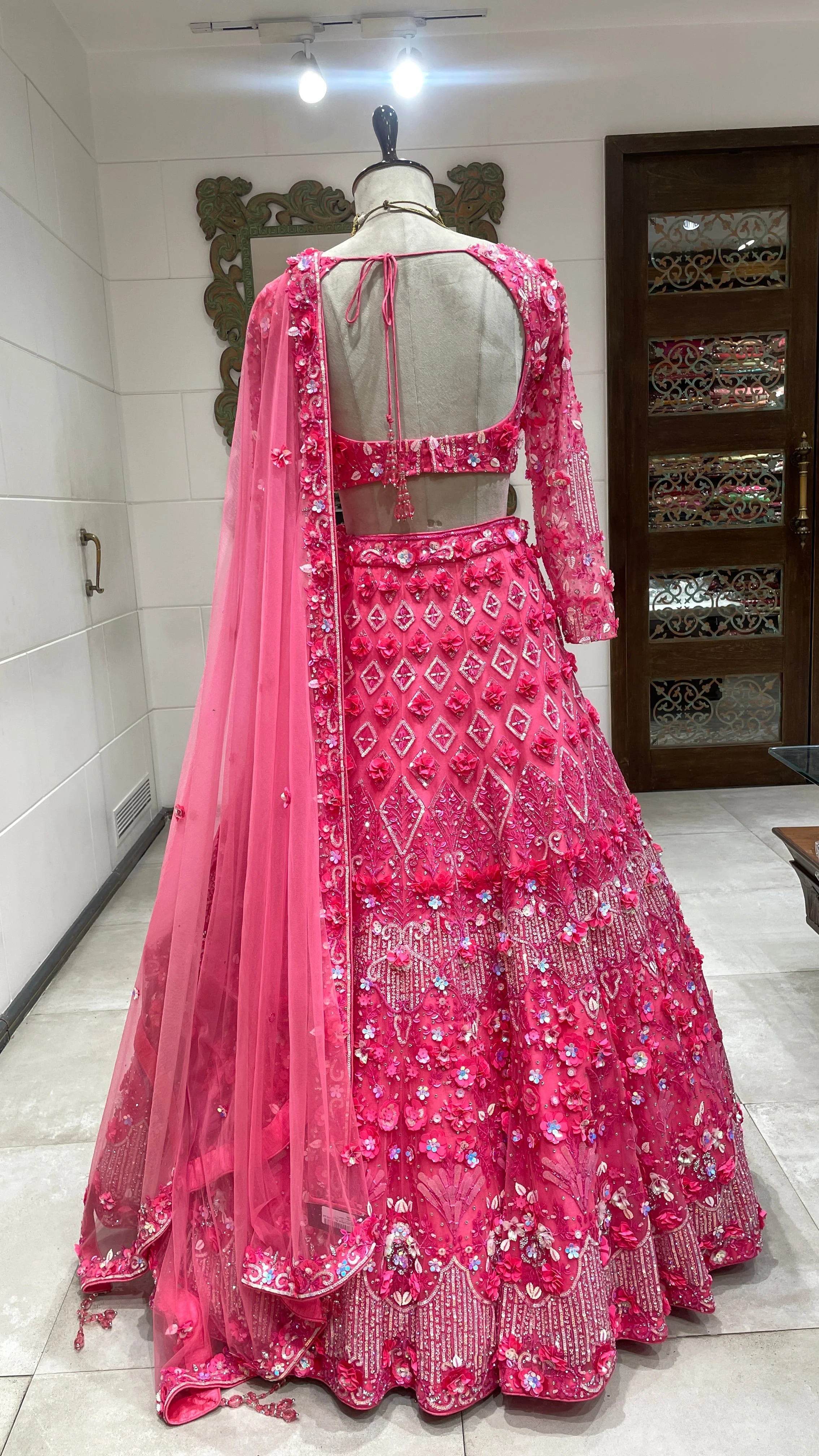 Fluorescent pink floral motif lehenga - Image 5