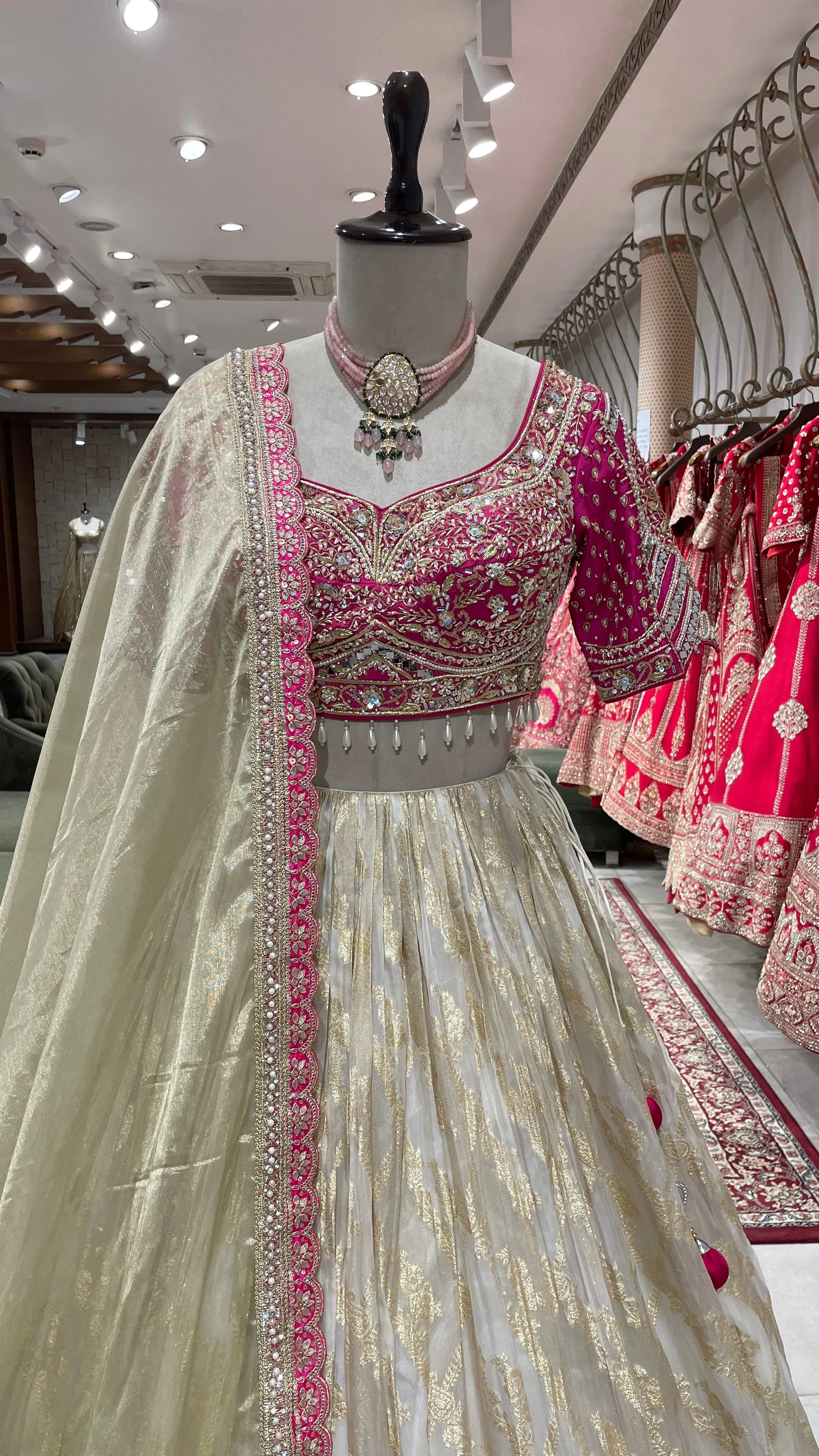 Gold colour lehenga with pink beadwork - Image 2