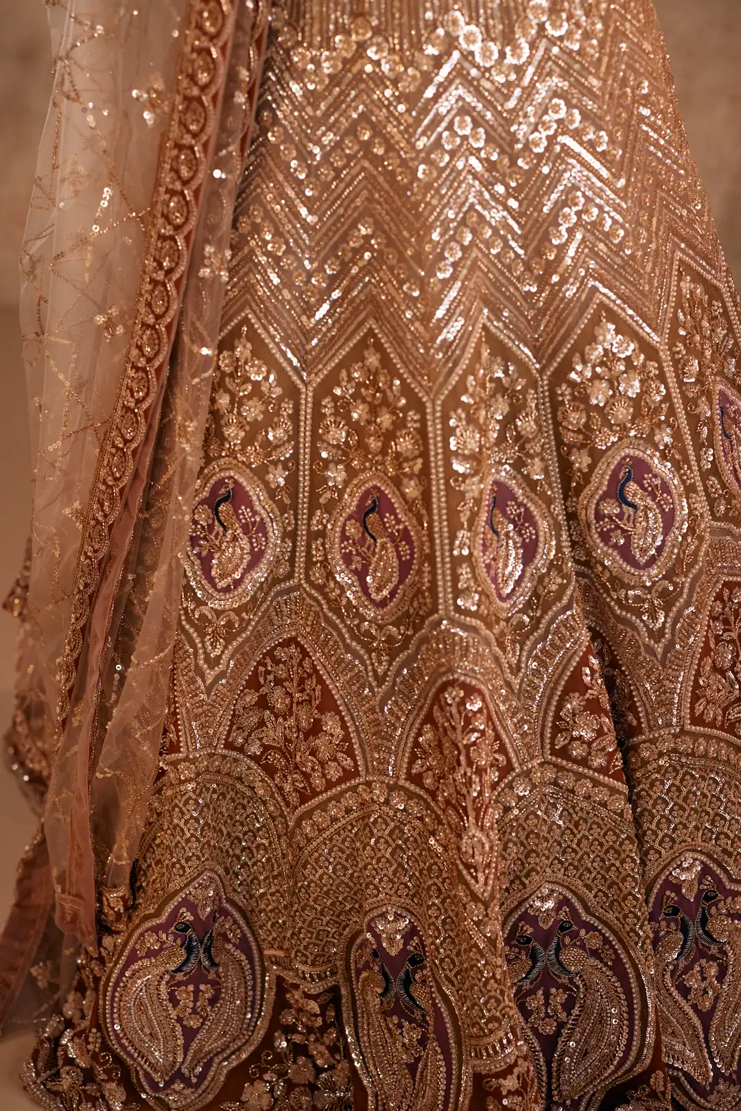 Gold embroidered lehenga with peacock motifs - Image 2