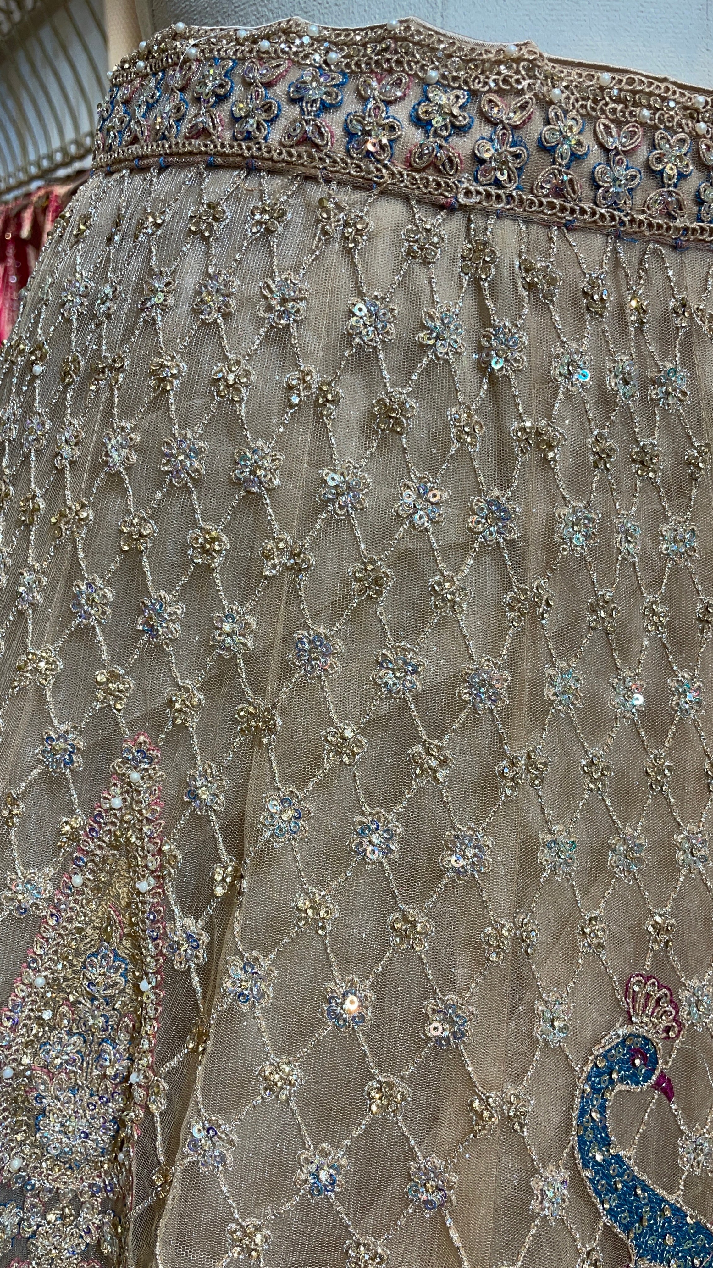 Gold multicolour net lehenga with peacock motifs - Image 2