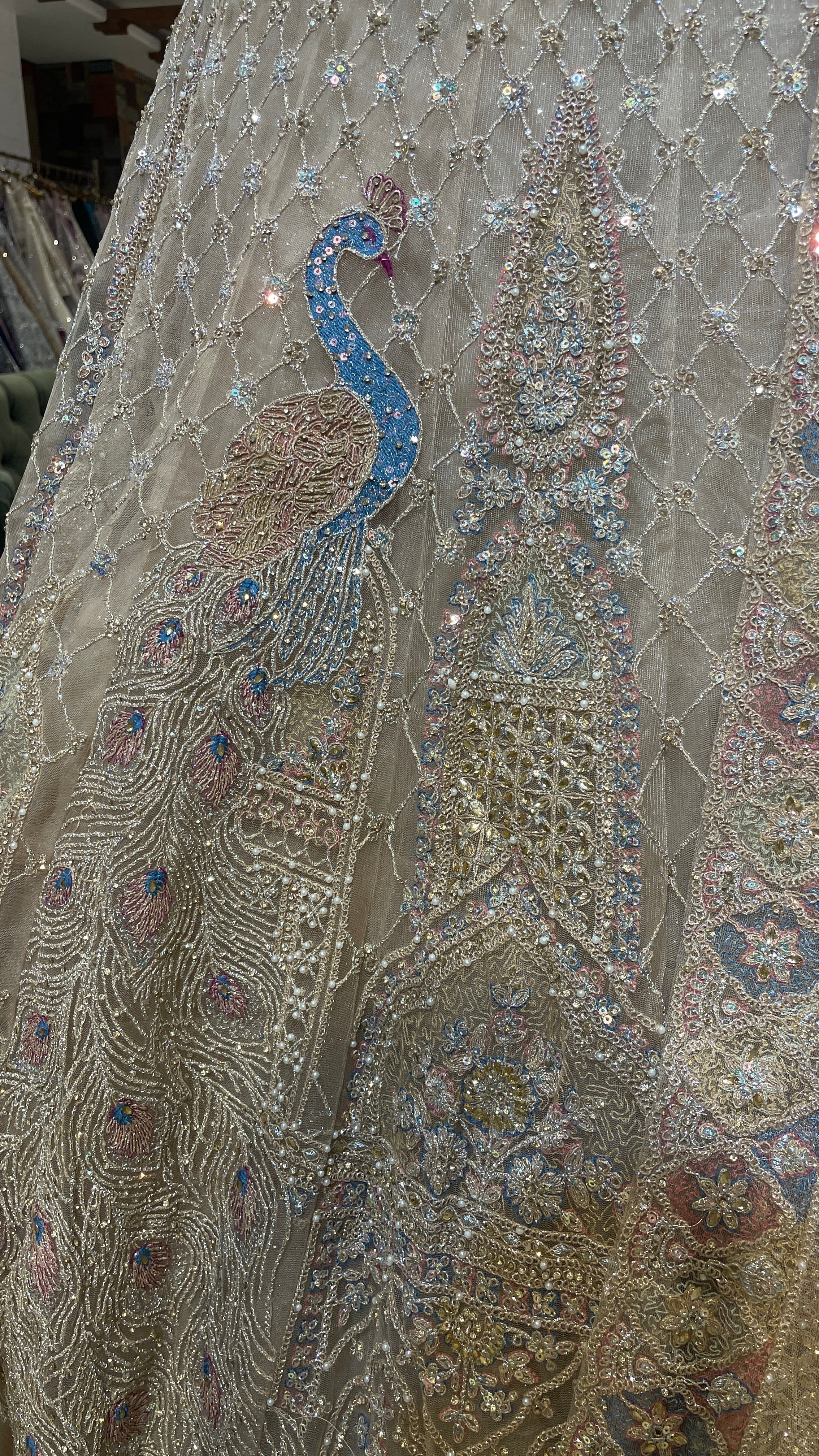 Gold multicolour net lehenga with peacock motifs - Image 3