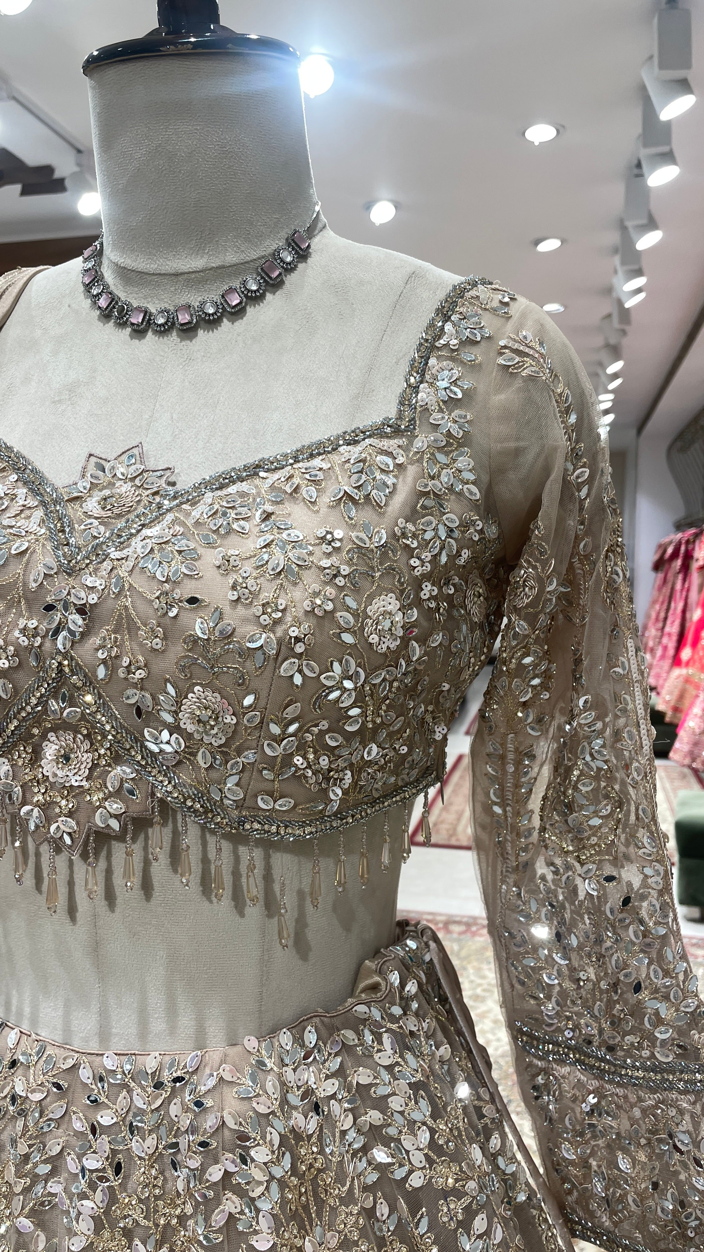 Gold net lehenga with mirror work - Image 3