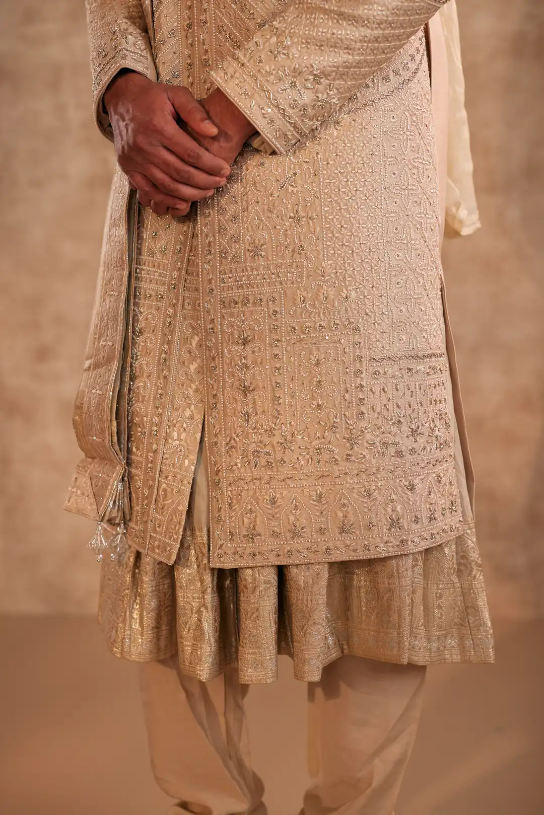 Gold Sherwani set with zardozi and Butti work - Image 3