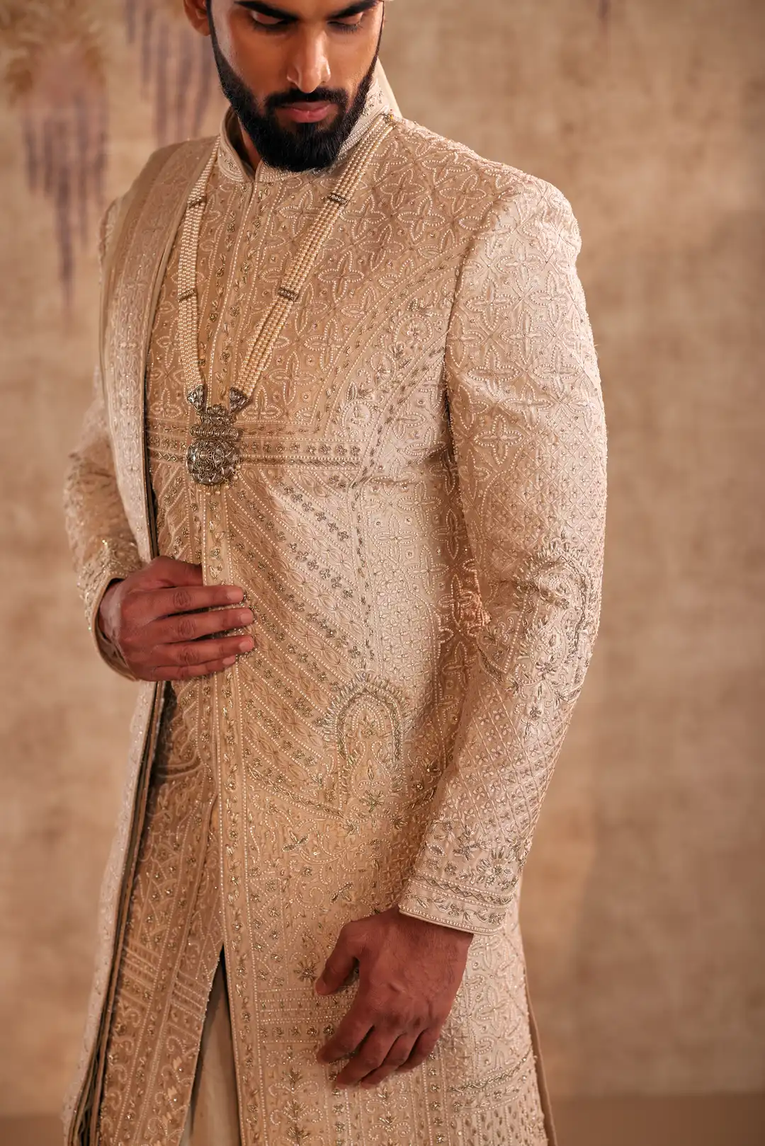 Gold Sherwani set with zardozi and Butti work - Image 4