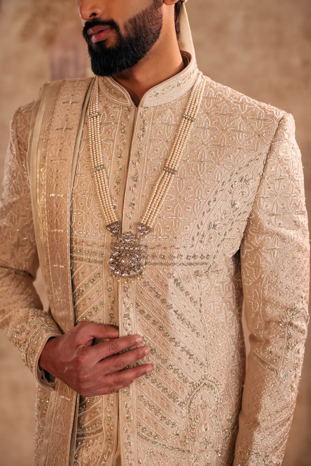 Gold Sherwani set with zardozi and Butti work - Image 5