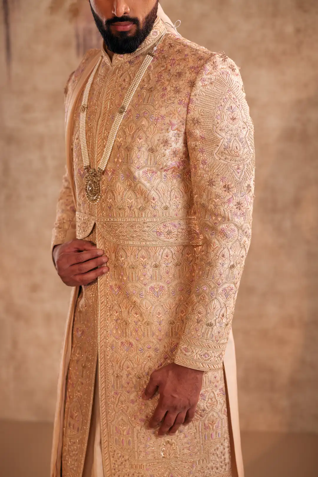 Gold Sherwani with multicolor thread work - Image 4