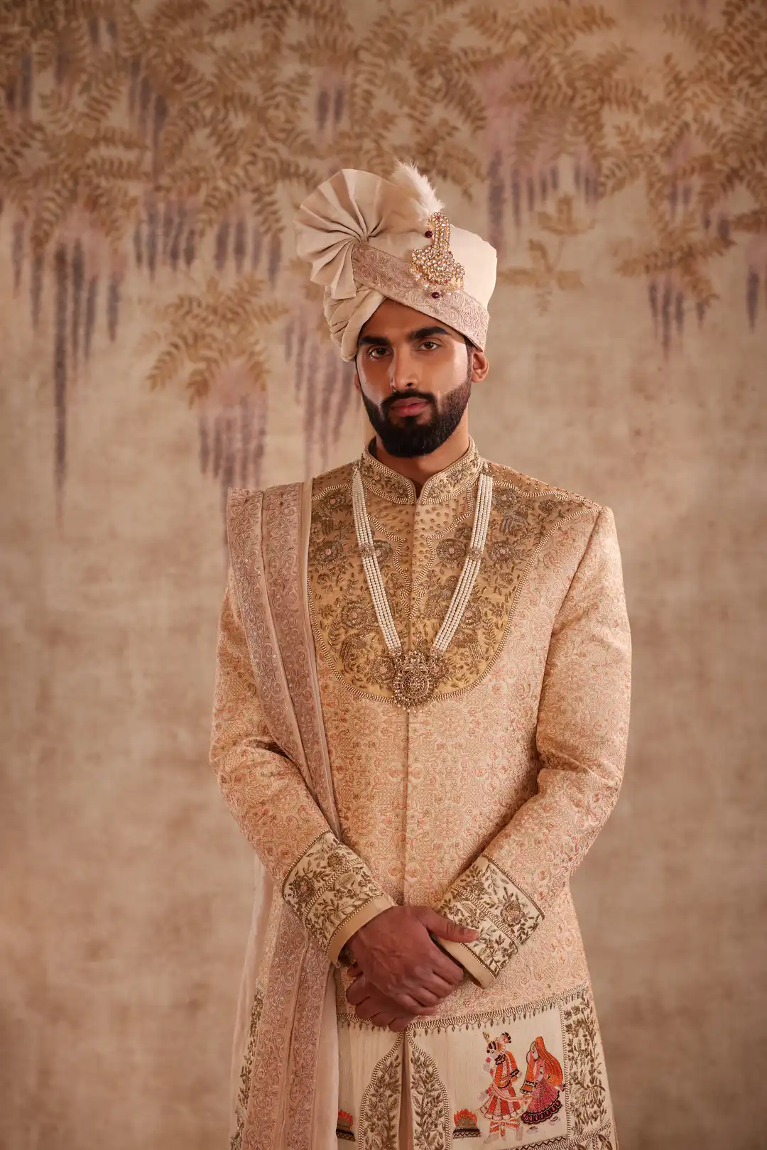 Gold silk Sherwani for groom with intricate hand embroidery - Image 3
