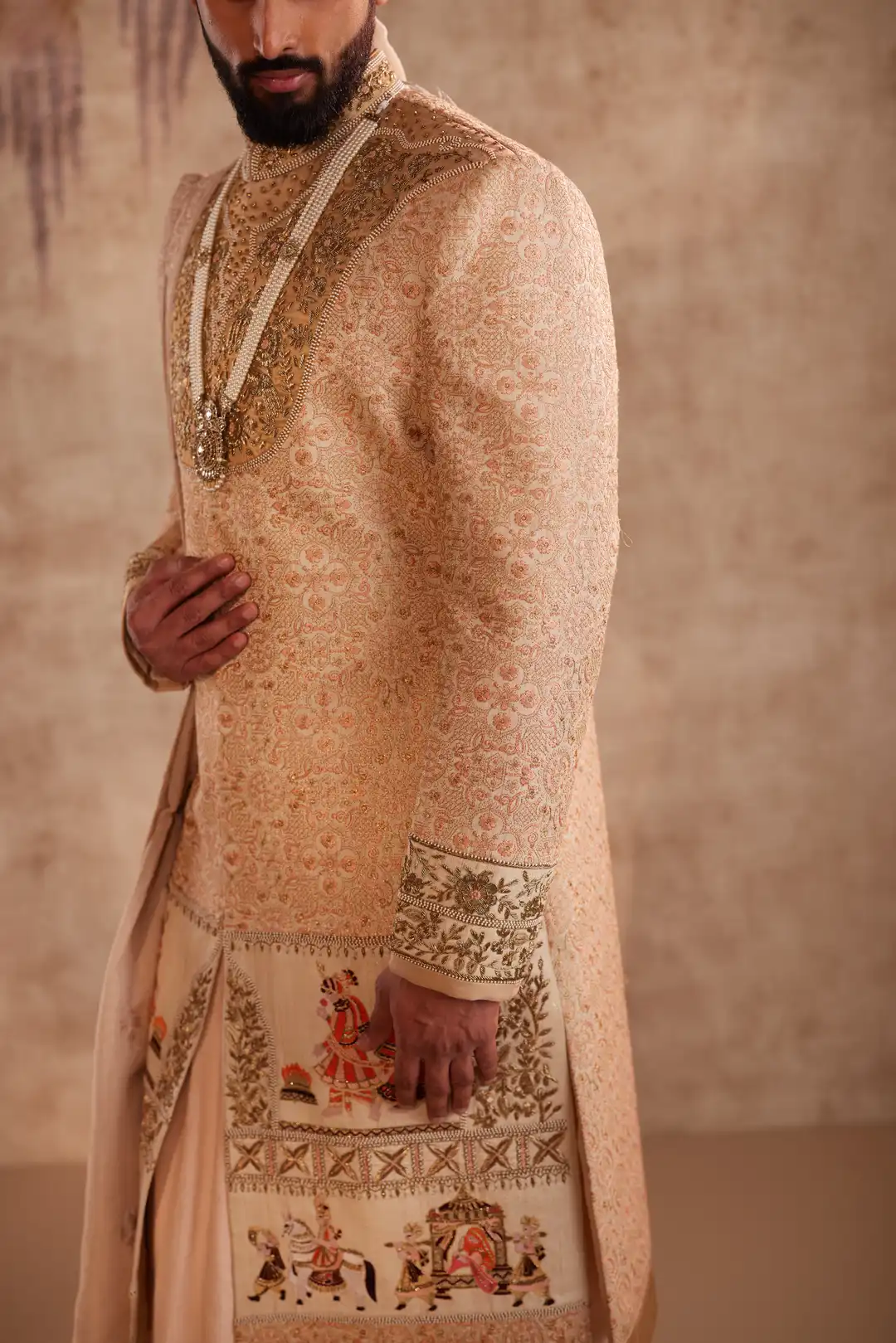 Gold silk Sherwani for groom with intricate hand embroidery - Image 4