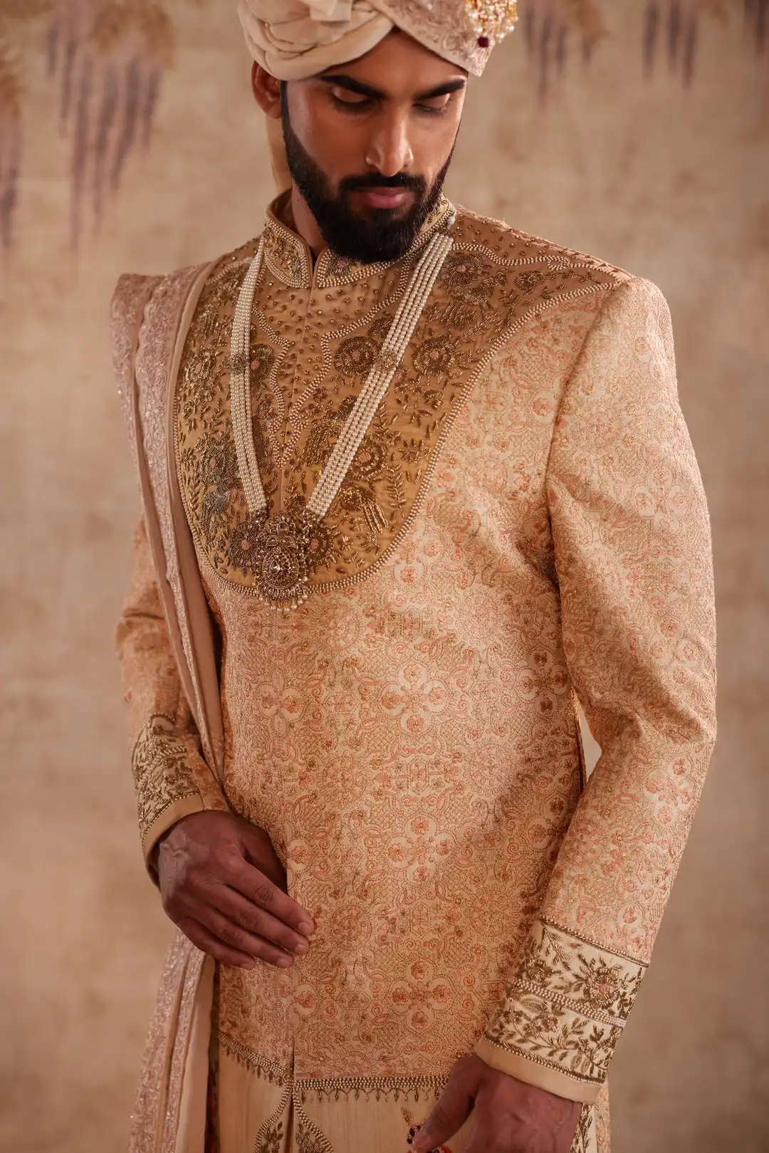 Gold silk Sherwani for groom with intricate hand embroidery - Image 5