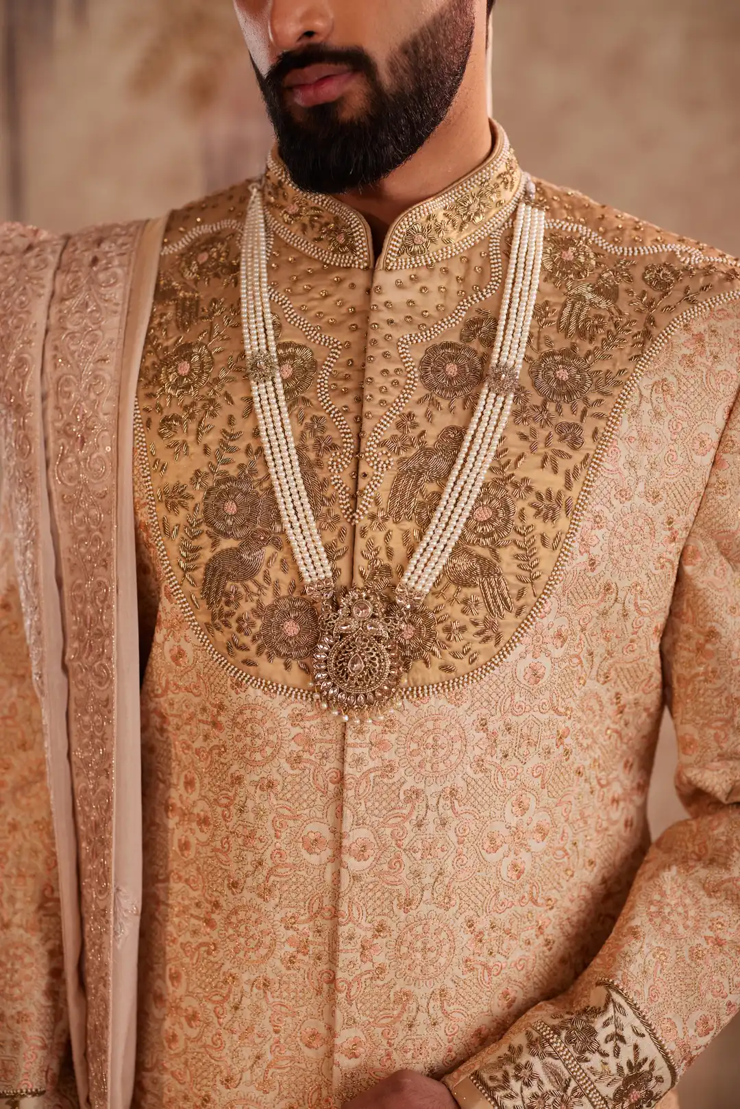 Gold silk Sherwani for groom with intricate hand embroidery - Image 6
