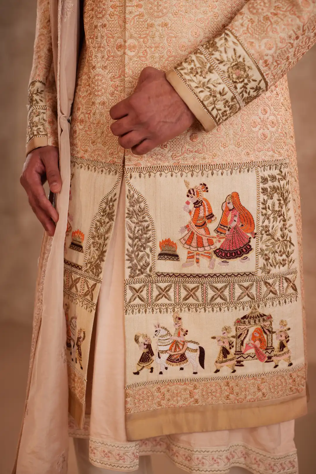 Gold silk Sherwani for groom with intricate hand embroidery - Image 7