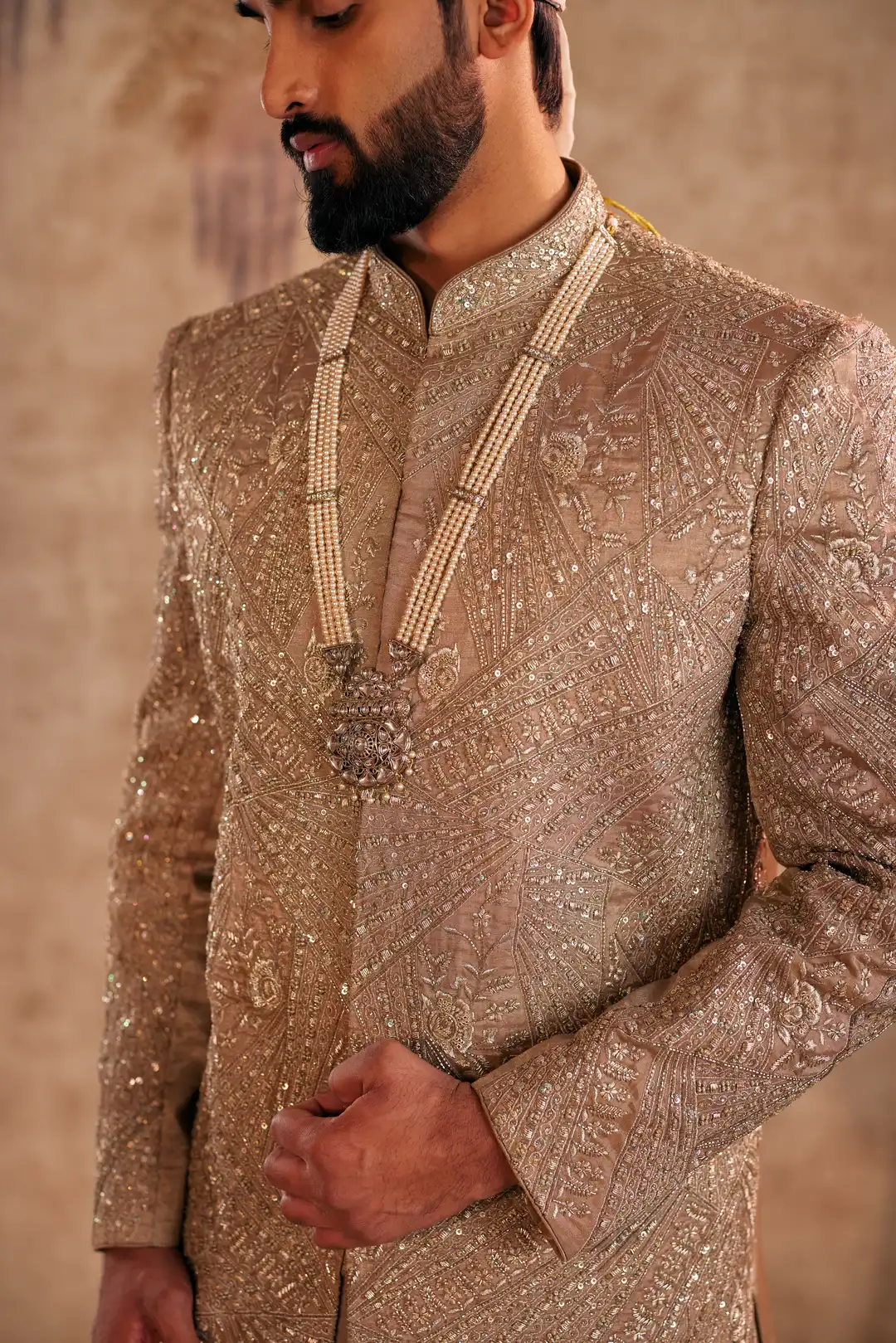 Gold silk zardozi work Sherwani - Image 3
