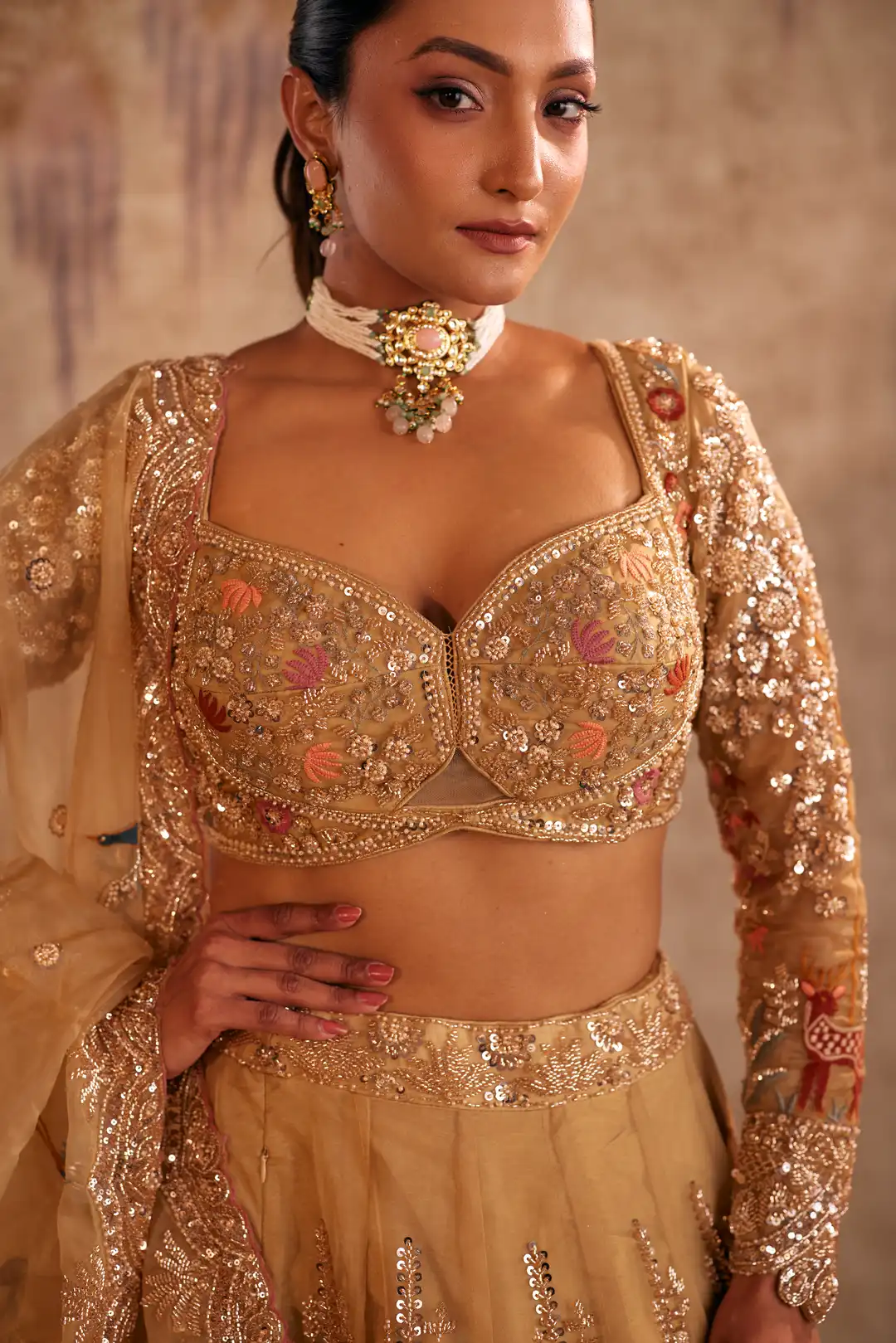Gold Tissue lehenga with embroidery - Image 2