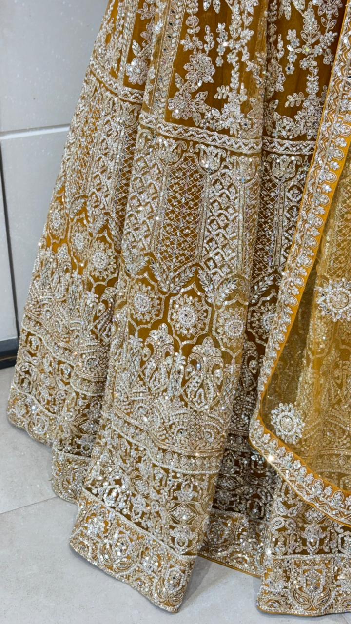 Golden Embroidered Lehenga with Mustard Dupatta - Image 2