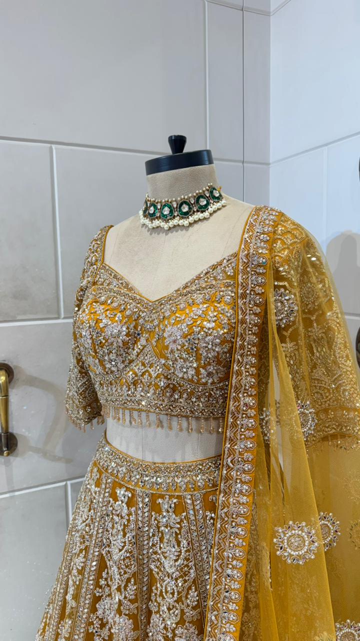 Golden Embroidered Lehenga with Mustard Dupatta - Image 3