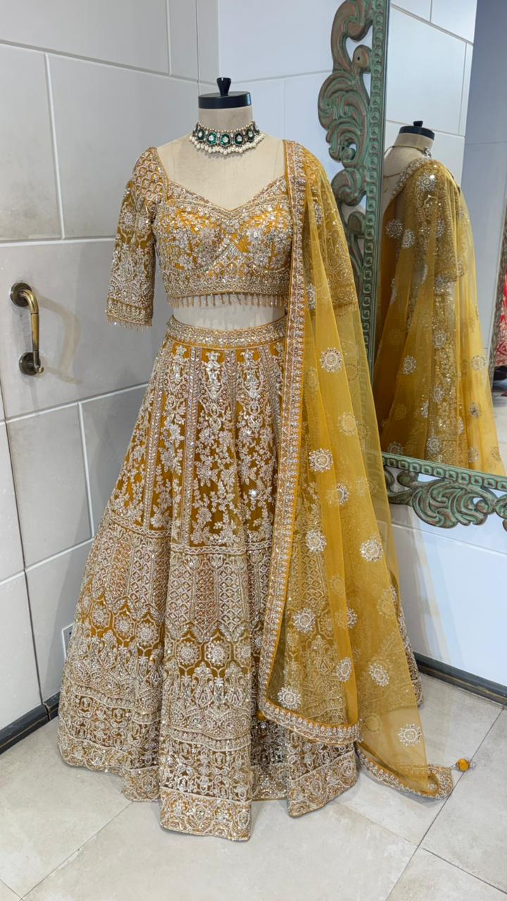 Golden Embroidered Lehenga with Mustard Dupatta - Image 4