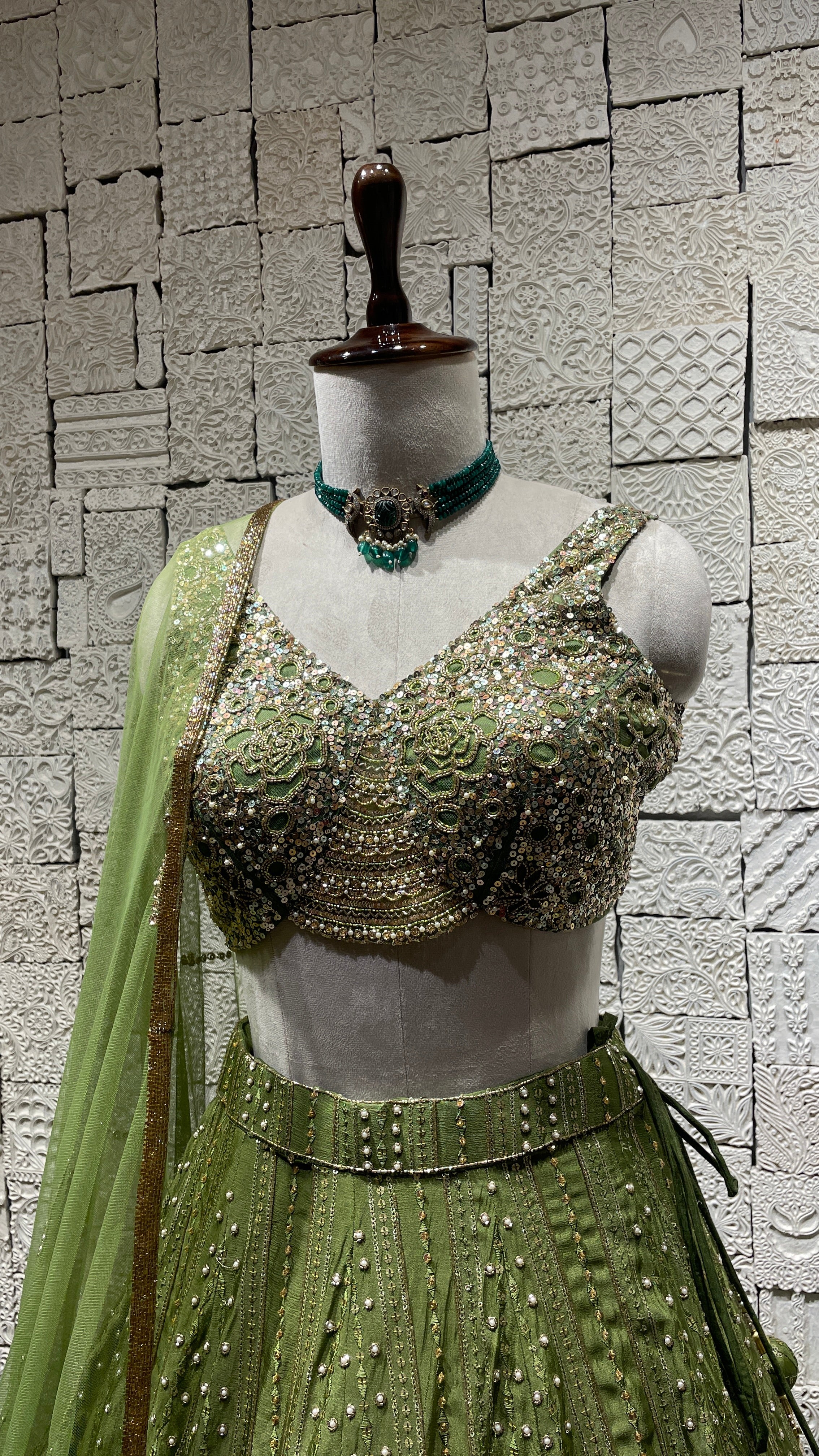 Green Chinon Lehenga with embellishments - Image 2