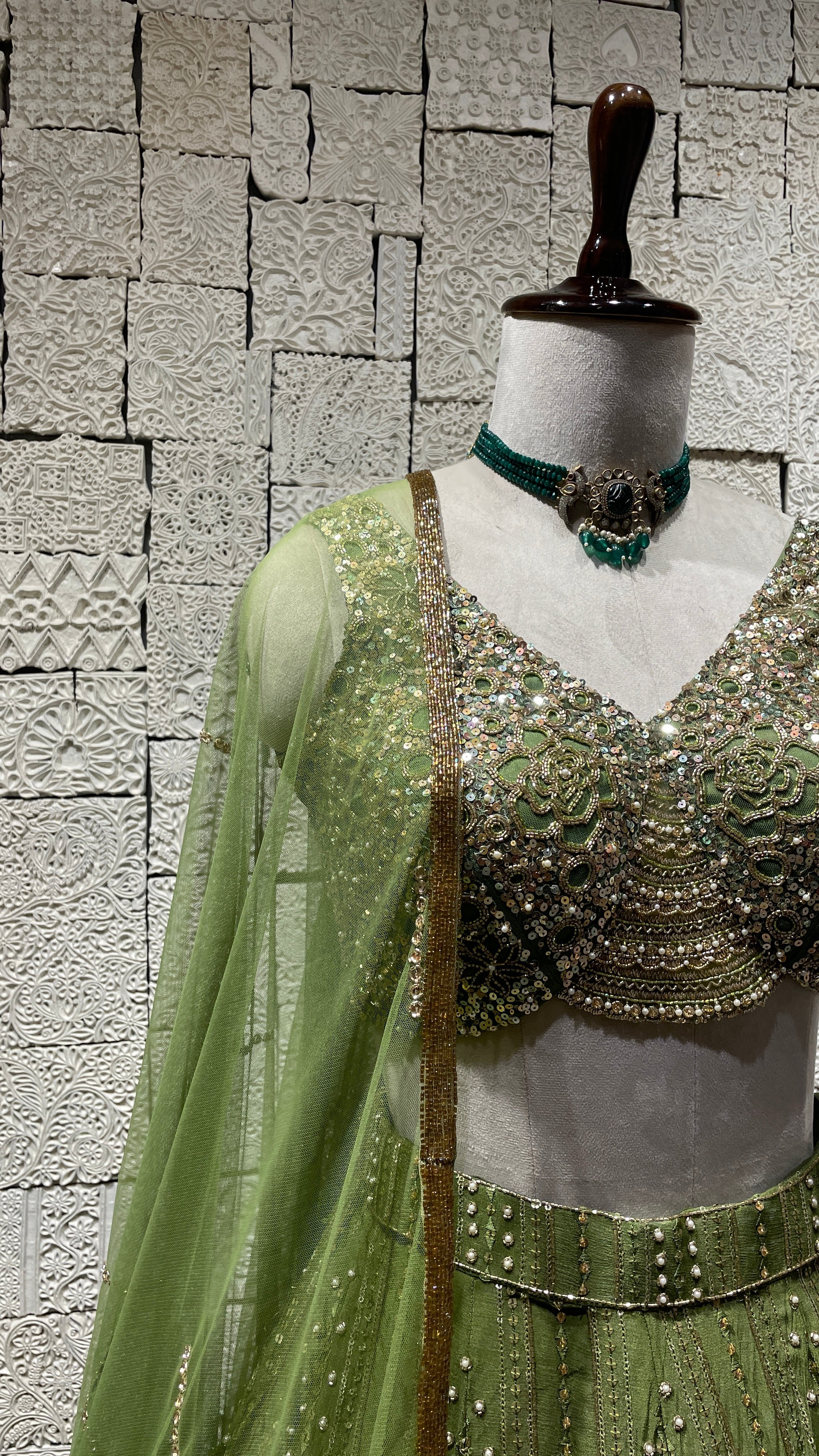 Green Chinon Lehenga with embellishments - Image 3