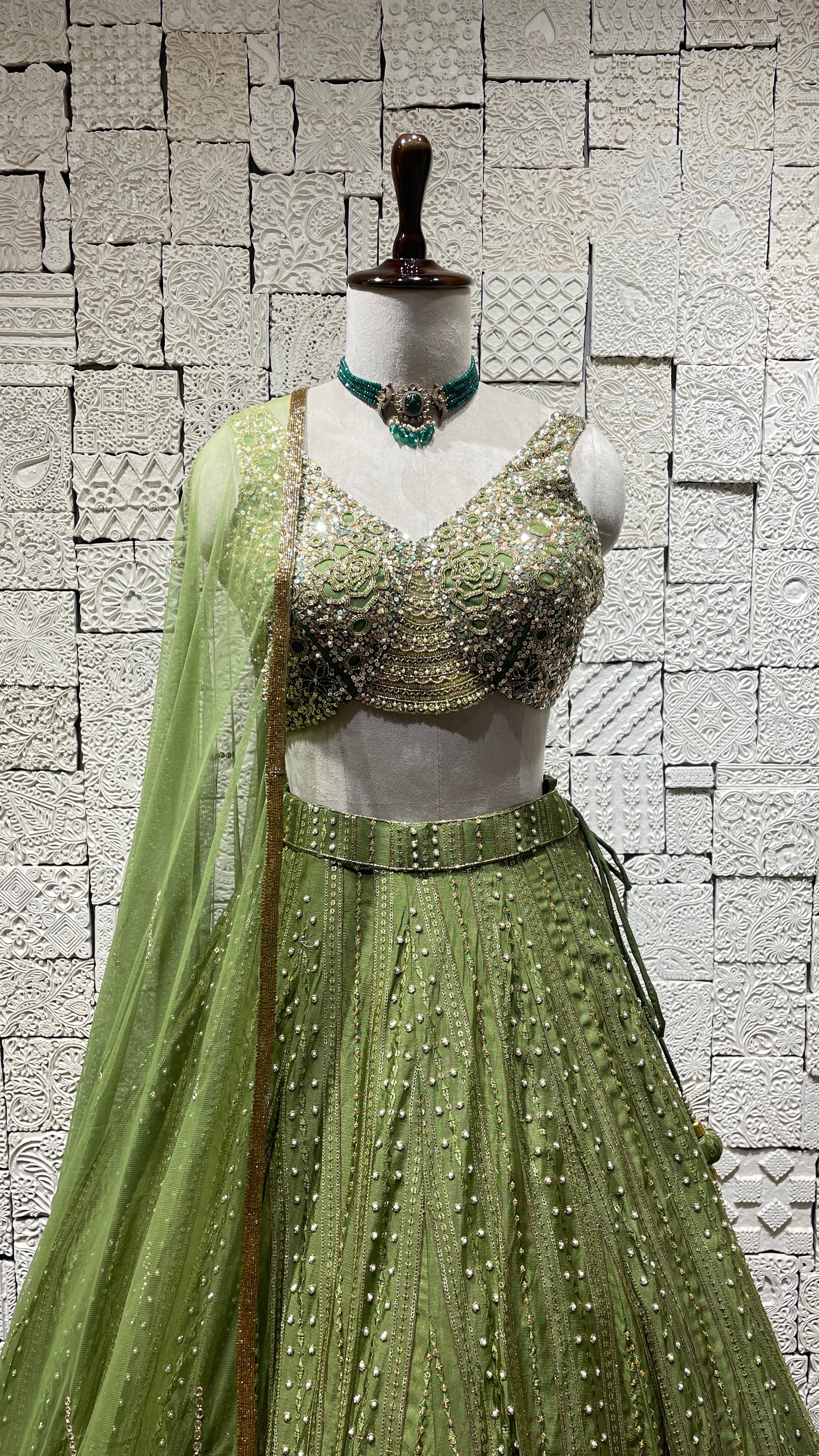 Green Chinon Lehenga with embellishments - Image 4