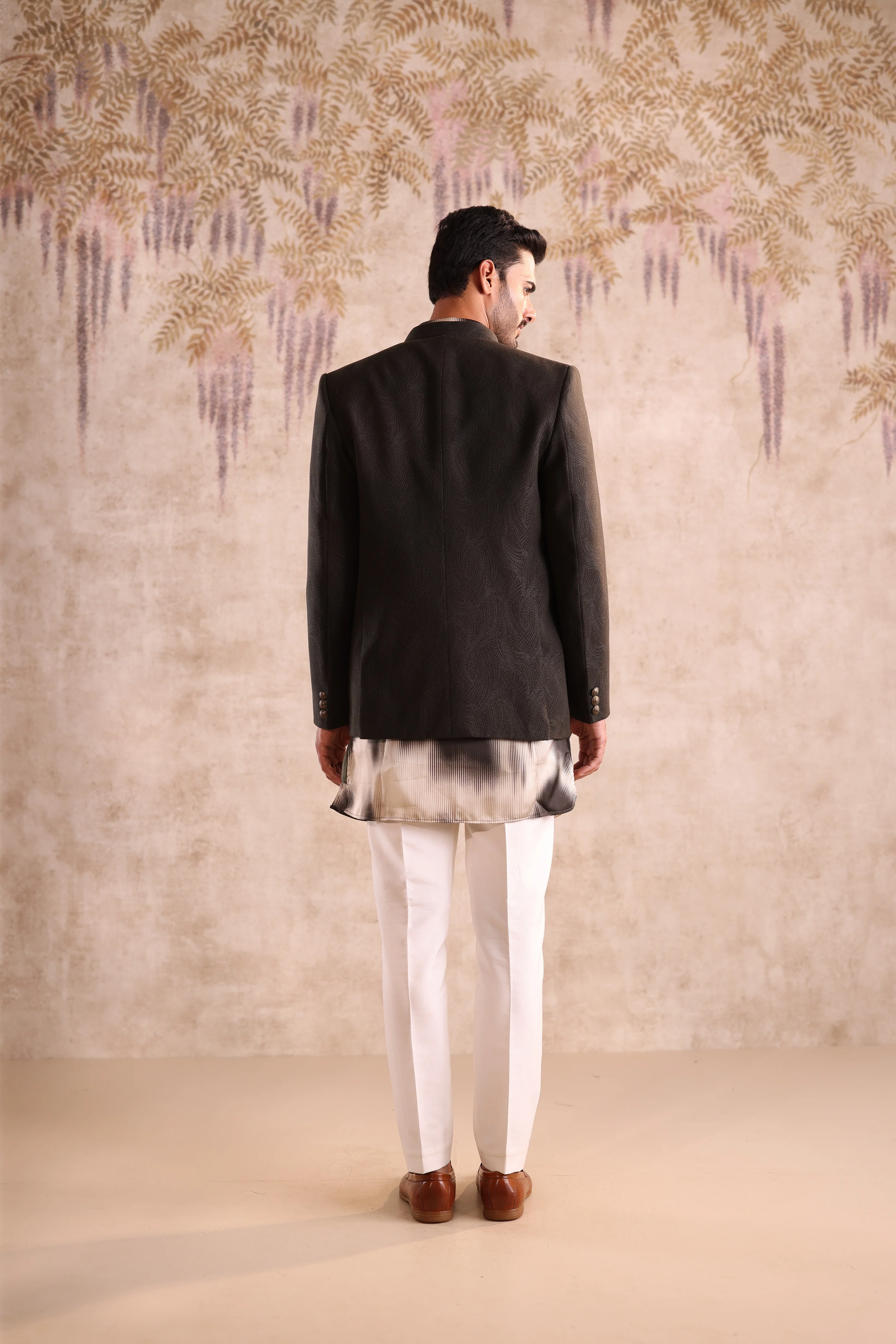Army green colour open jacket indo western with printed kurta - Image 3