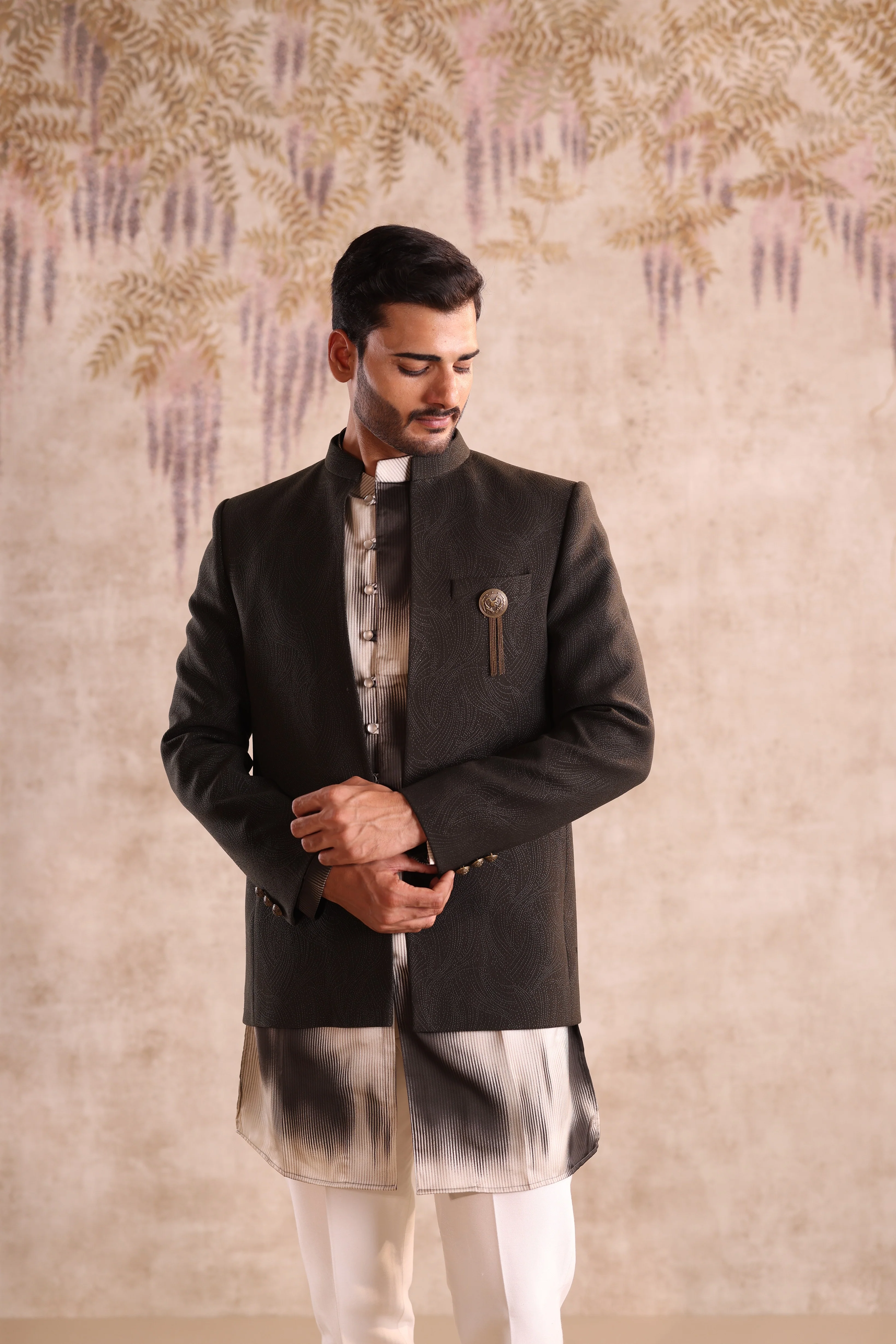 Army green colour open jacket indo western with printed kurta - Image 4