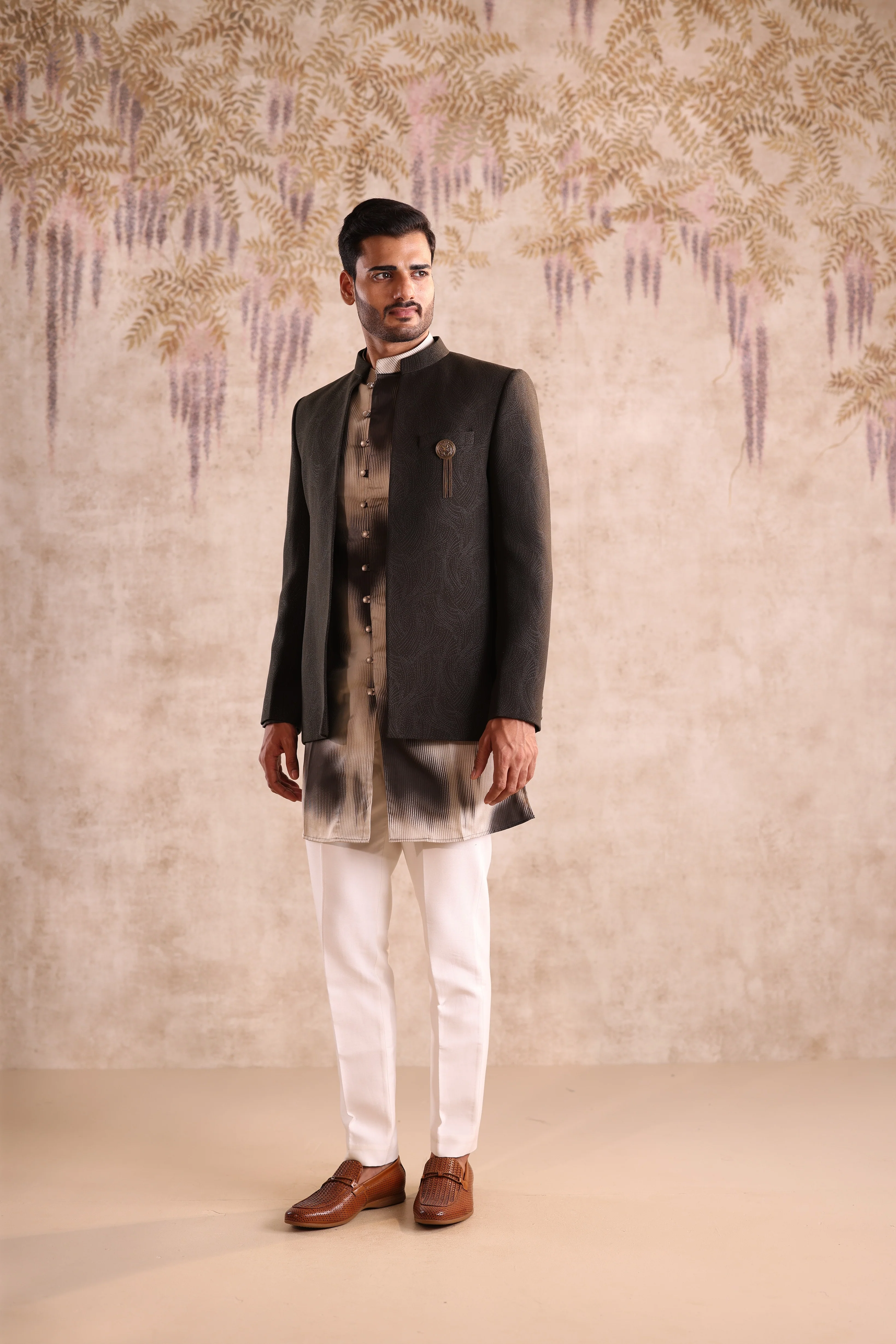 Army green colour open jacket indo western with printed kurta - Image 5
