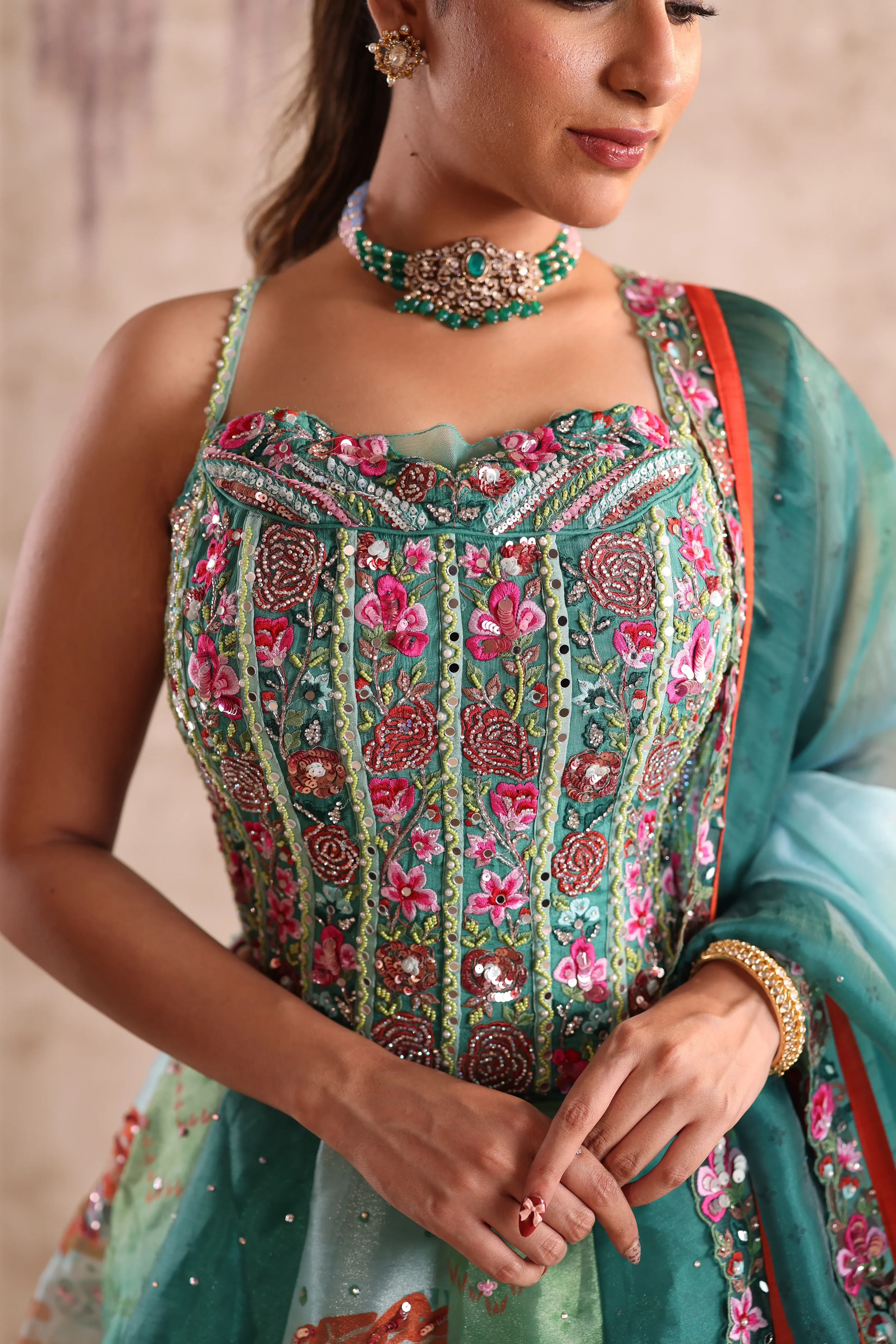 Green Floral Embroidered Party Wear Lehenga - Image 3