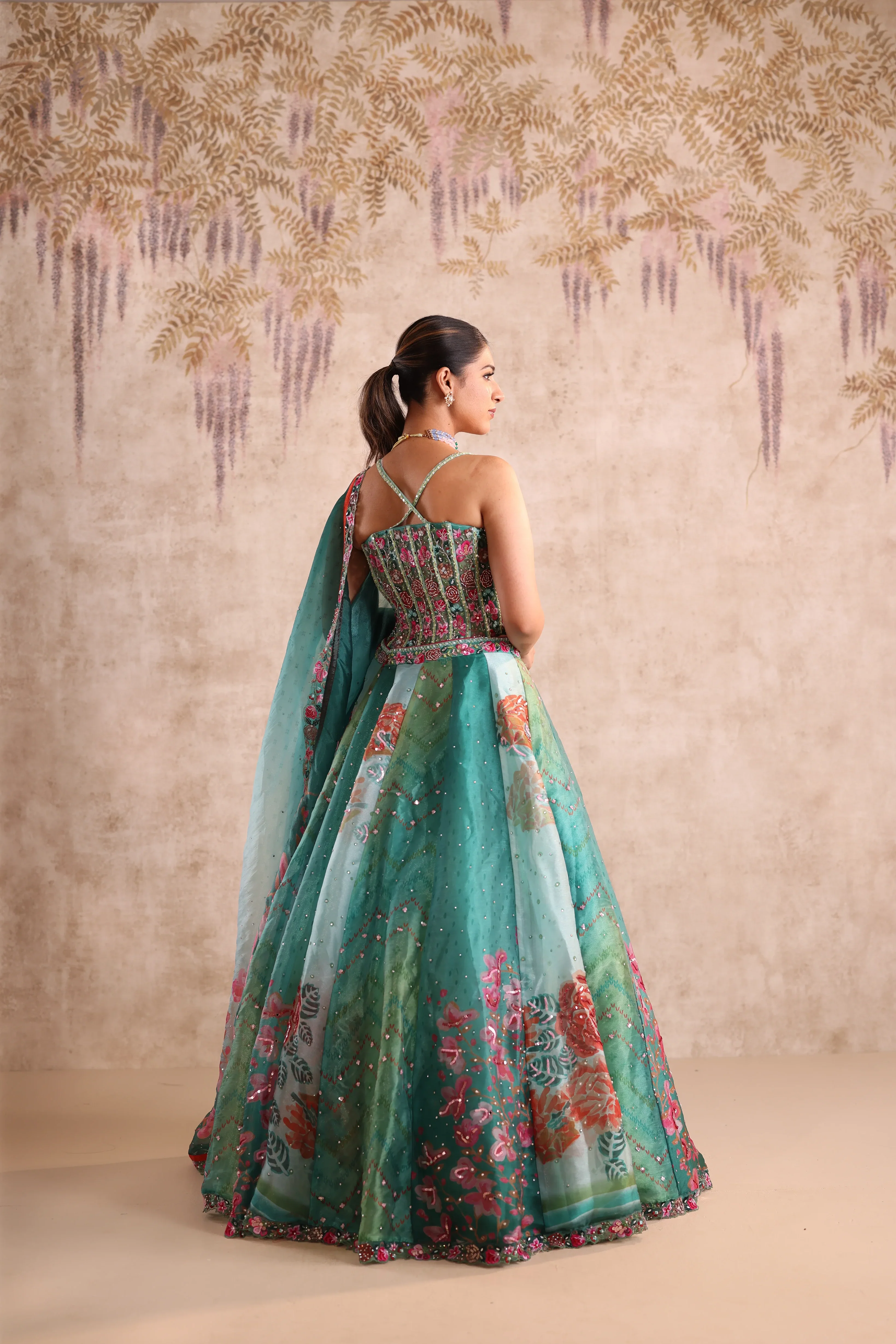 Green Floral Embroidered Party Wear Lehenga - Image 4