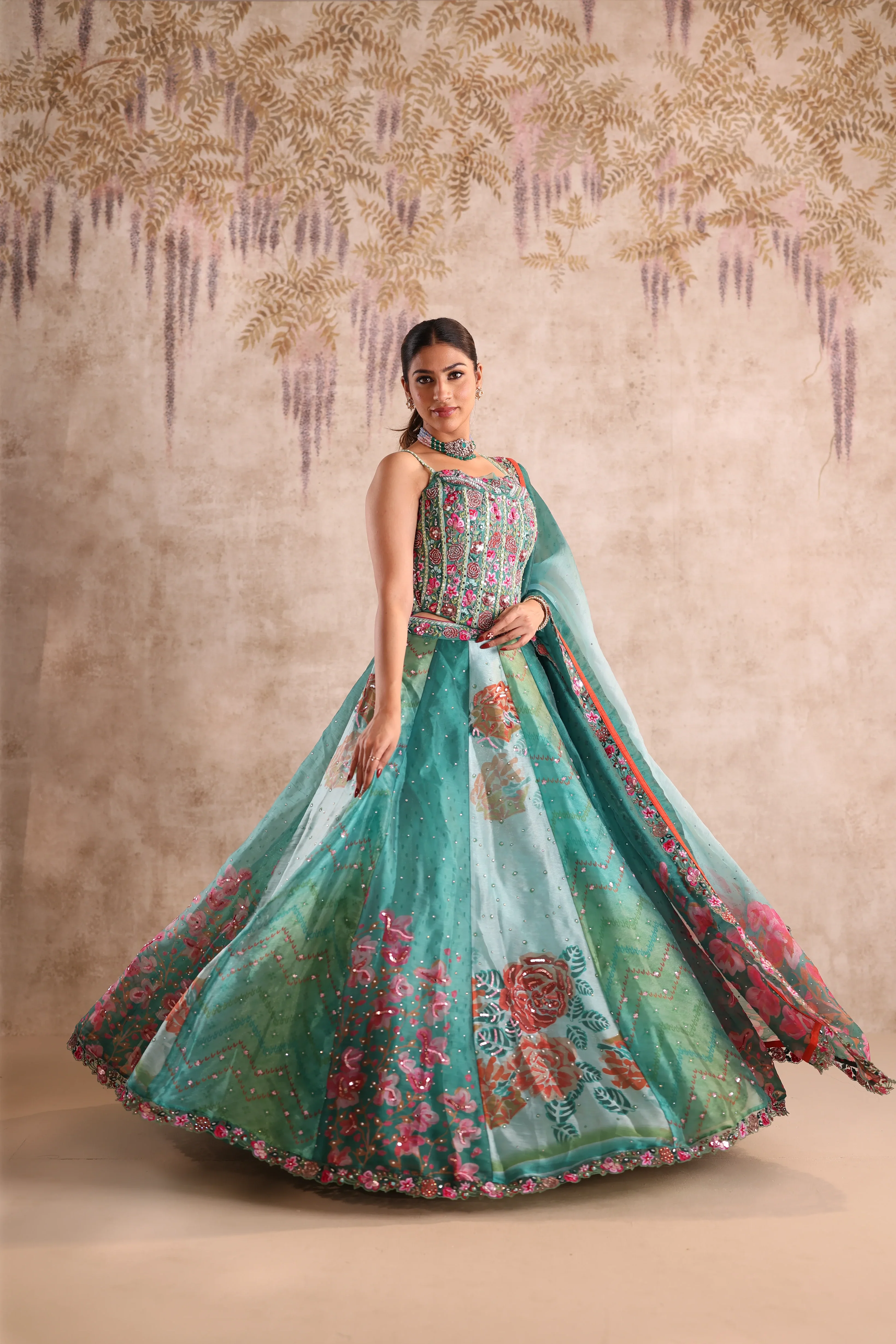 Green Floral Embroidered Party Wear Lehenga - Image 5