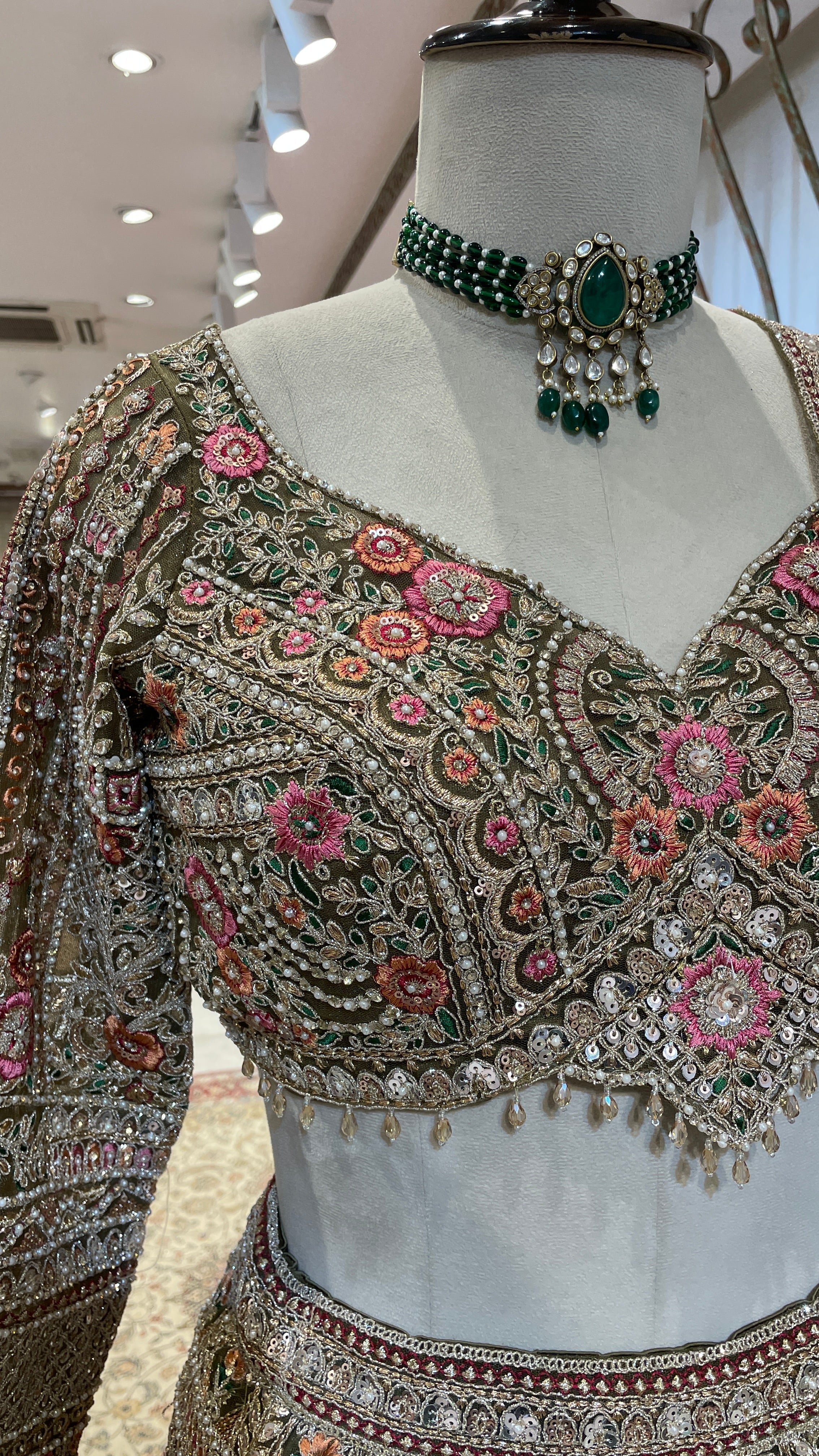 Green lehenga with multicolour threadwork and embellishments - Image 4