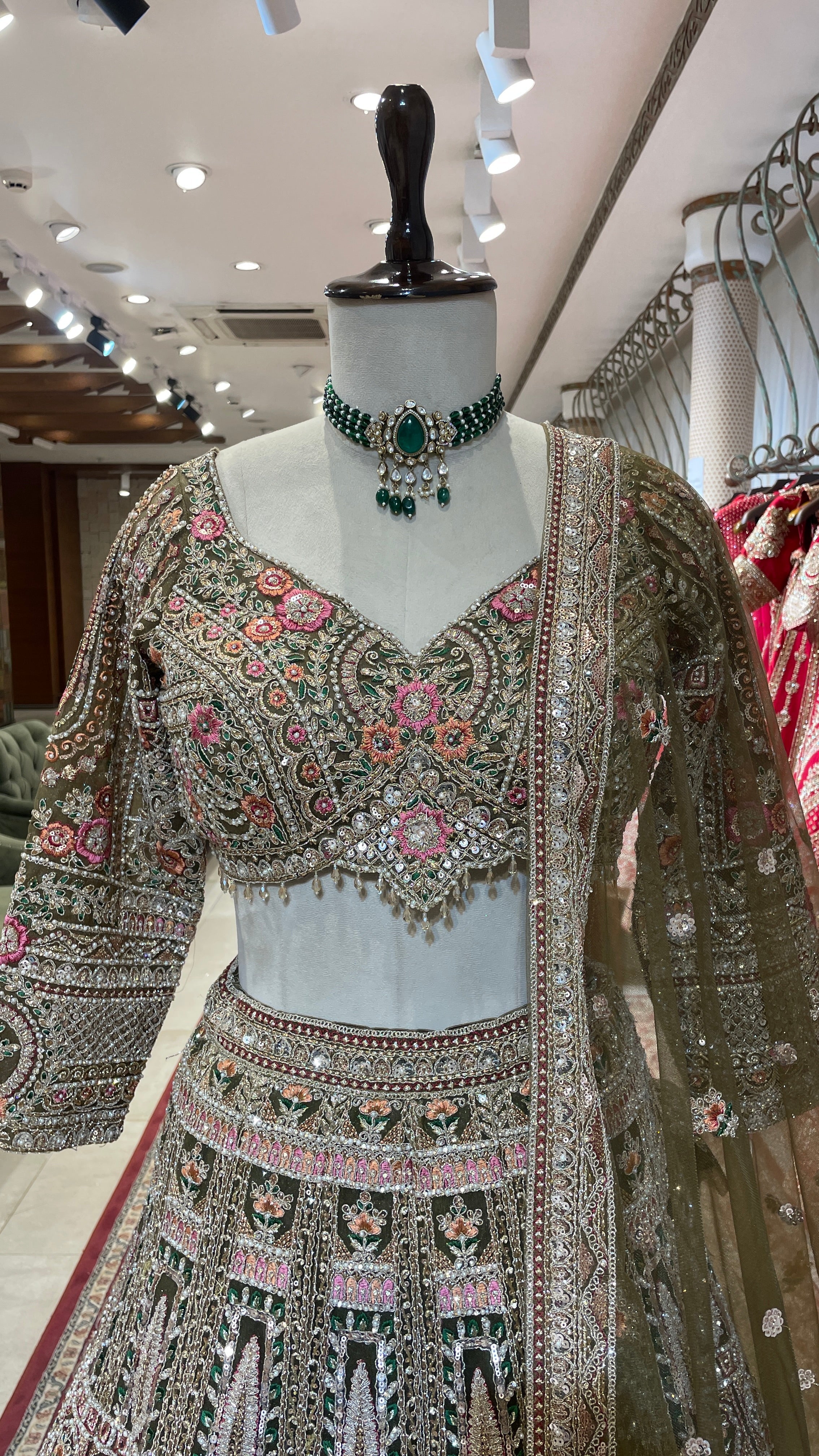 Green lehenga with multicolour threadwork and embellishments - Image 5