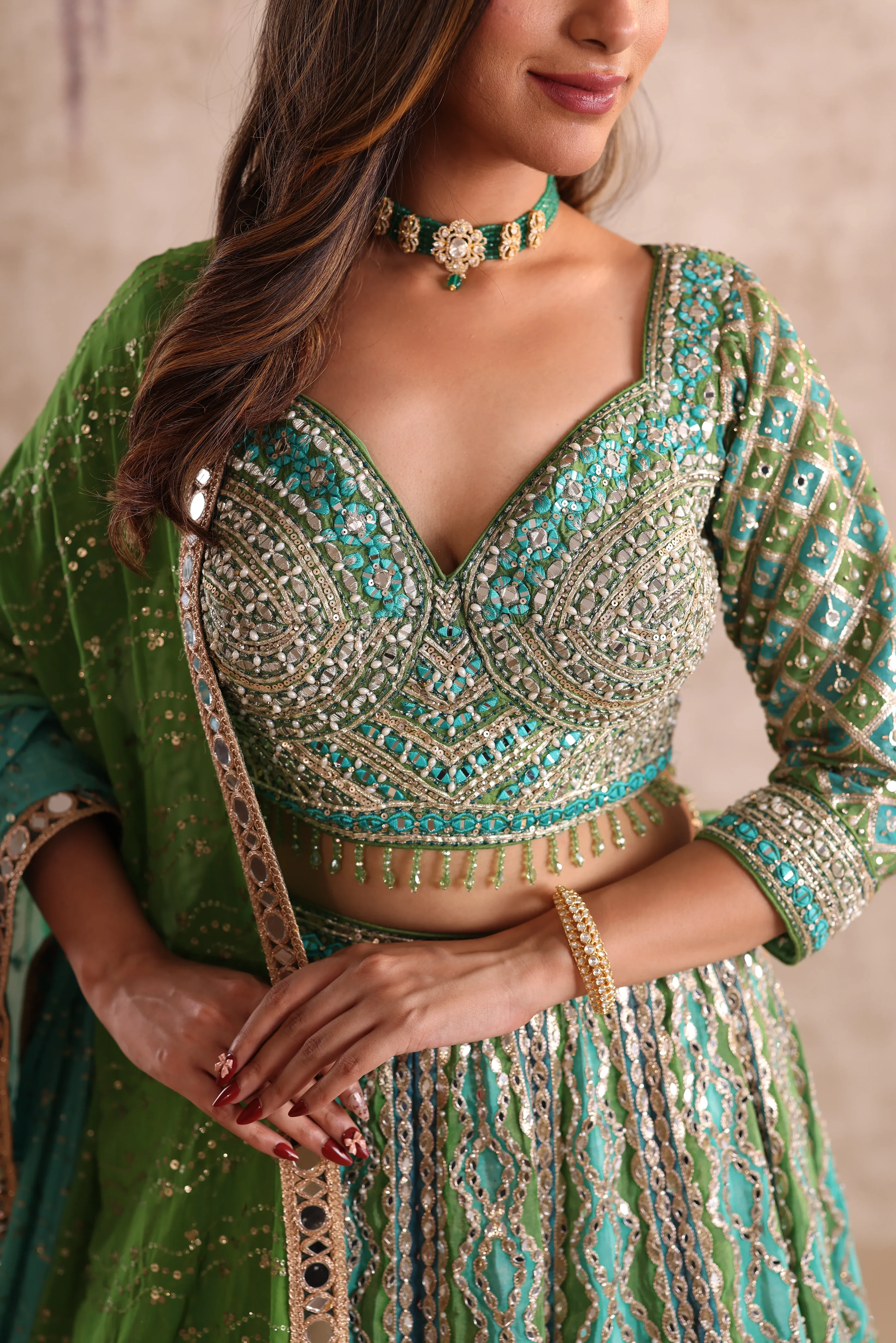 Green Mirror Work Party Wear Lehenga - Image 3