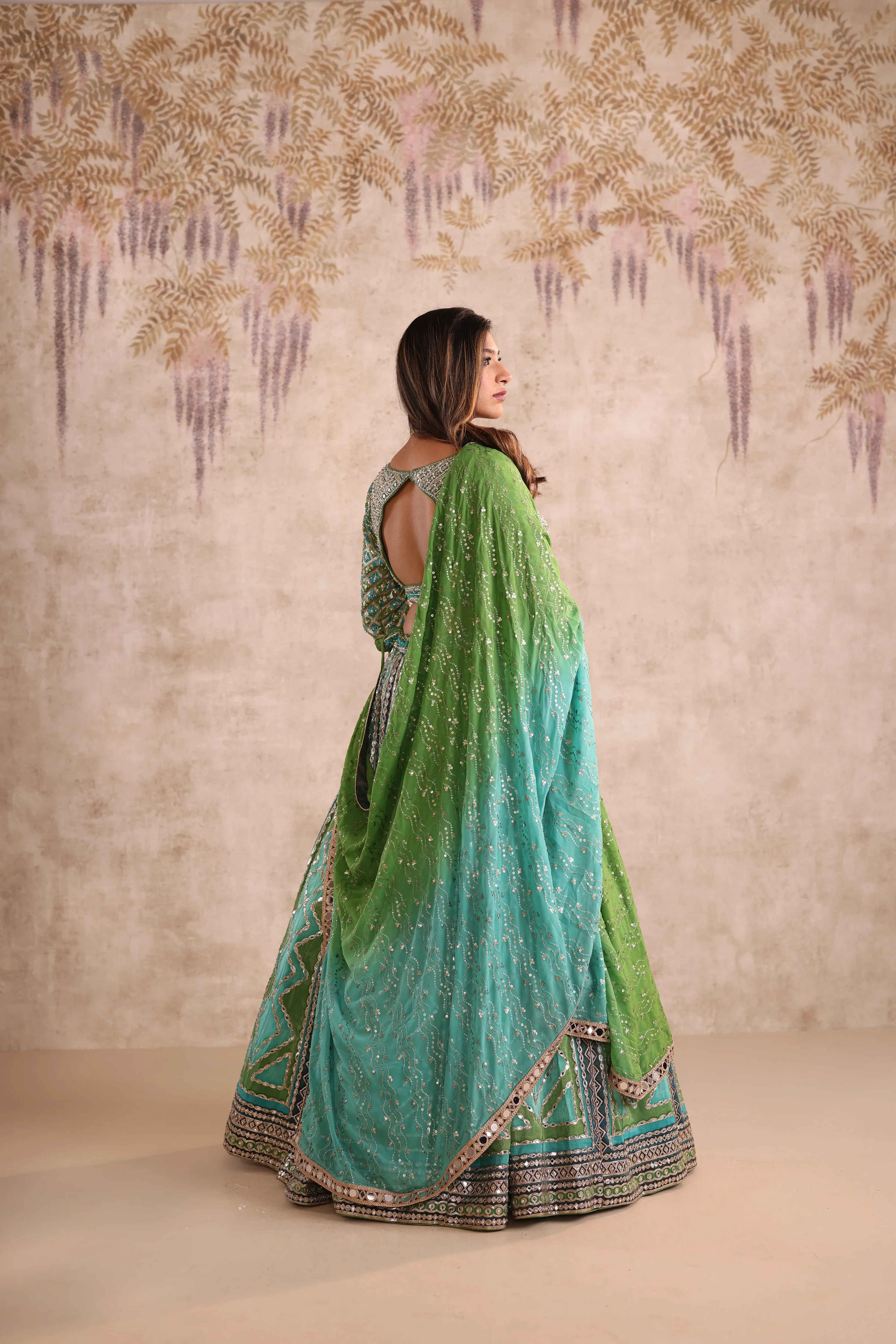 Green Mirror Work Party Wear Lehenga - Image 4