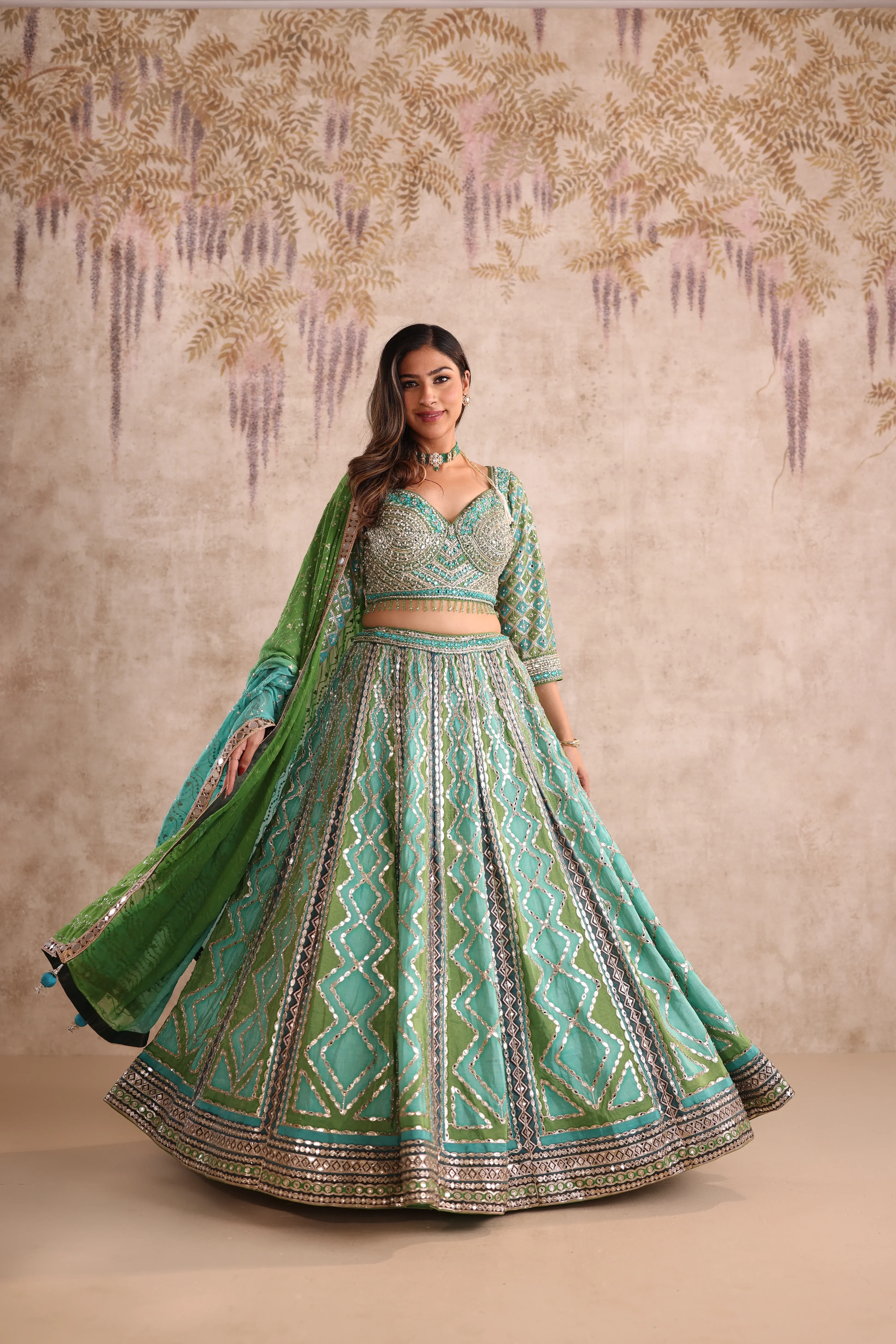 Green Mirror Work Party Wear Lehenga - Image 5