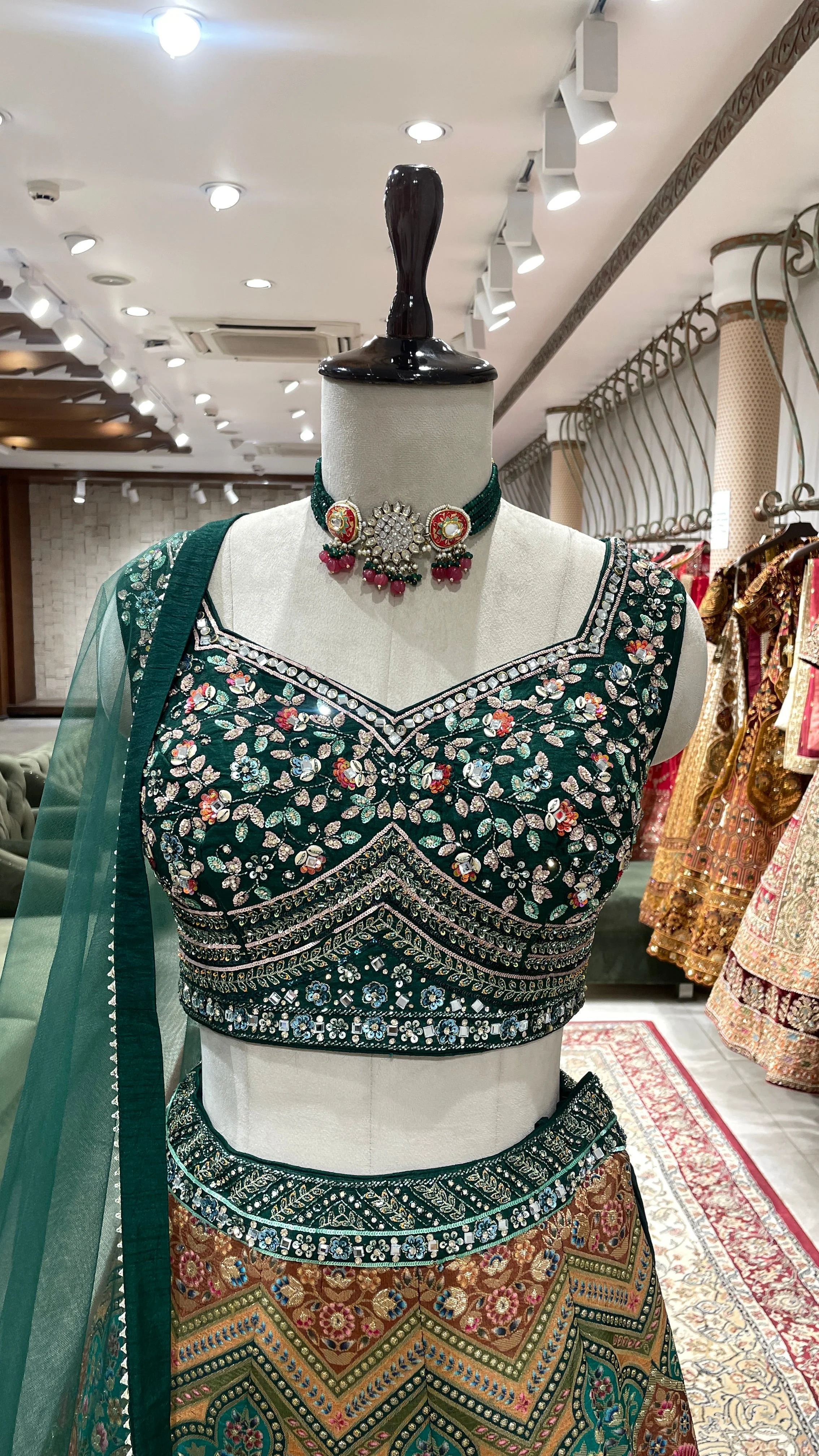 Green multicolour threadwork Georgette lehenga - Image 5