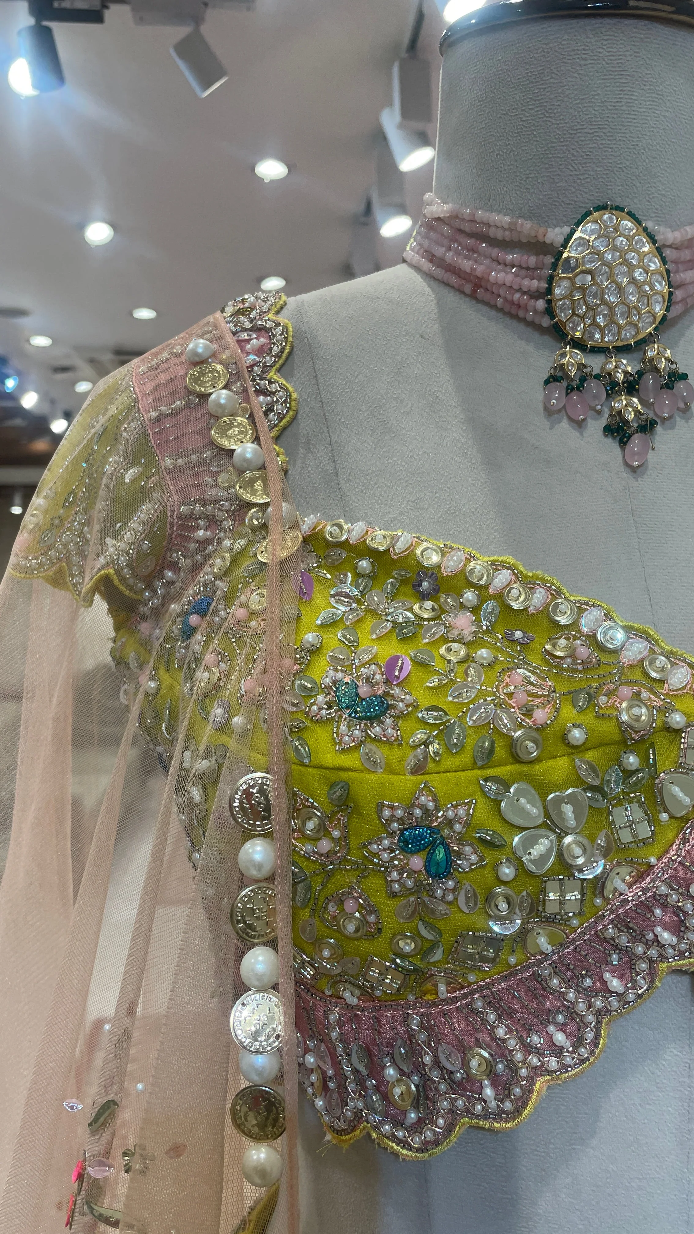 Green net lehenga with pearl embellishments & contrasting dupatta - Image 4