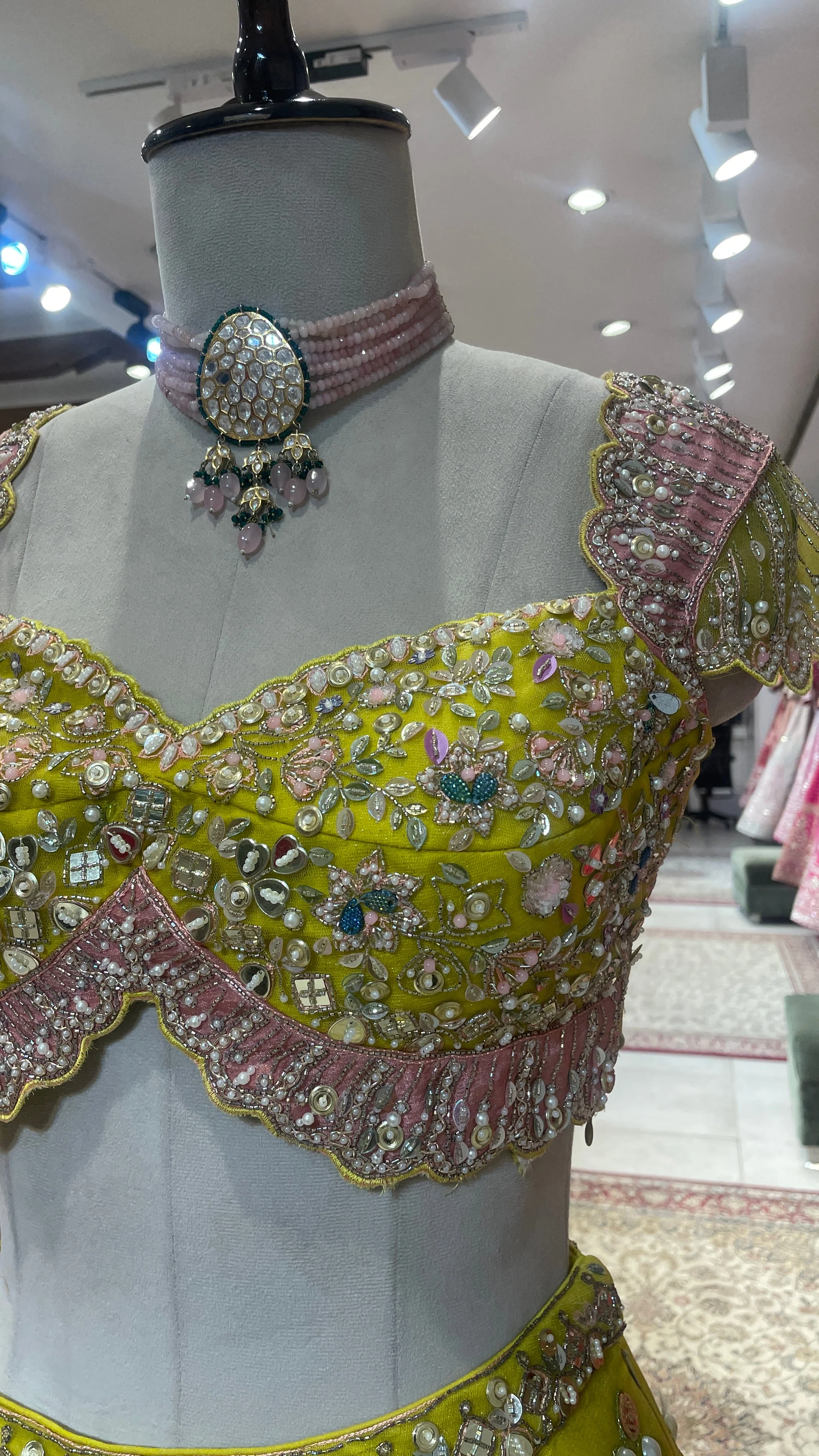 Green net lehenga with pearl embellishments & contrasting dupatta - Image 5