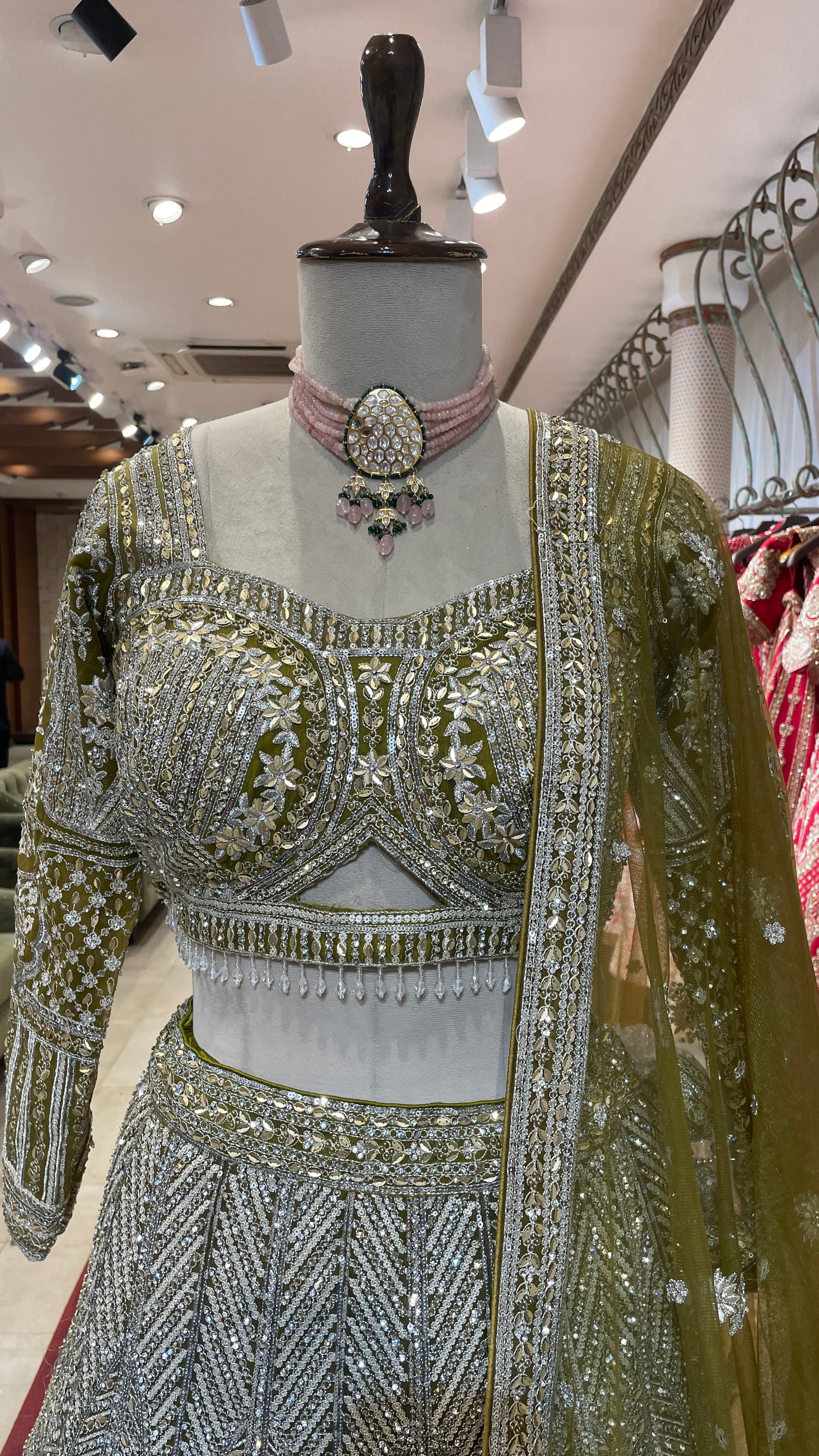 Green net lehenga with sequins embellishments - Image 4