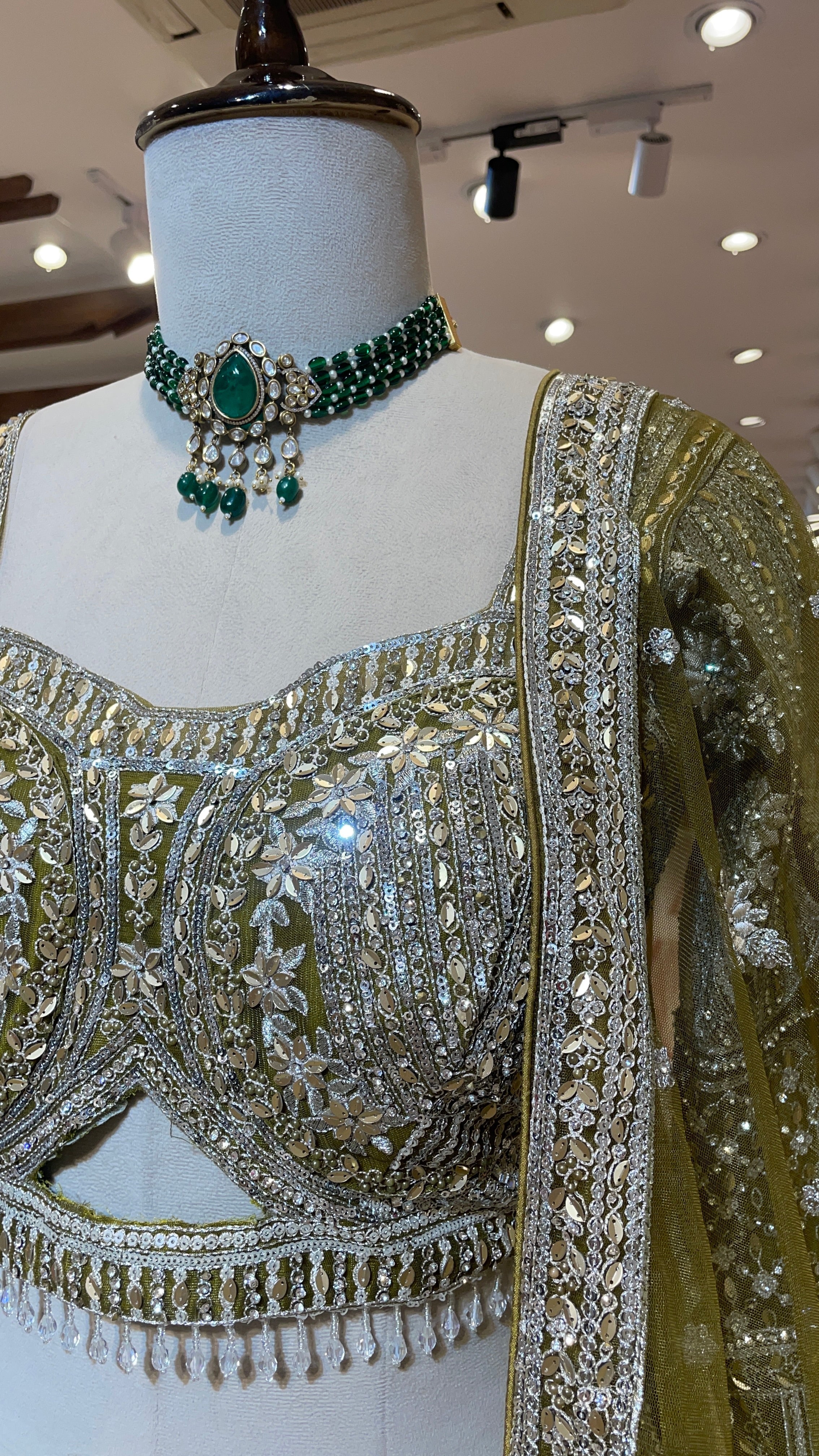Green net lehenga with silver embellishments - Image 2