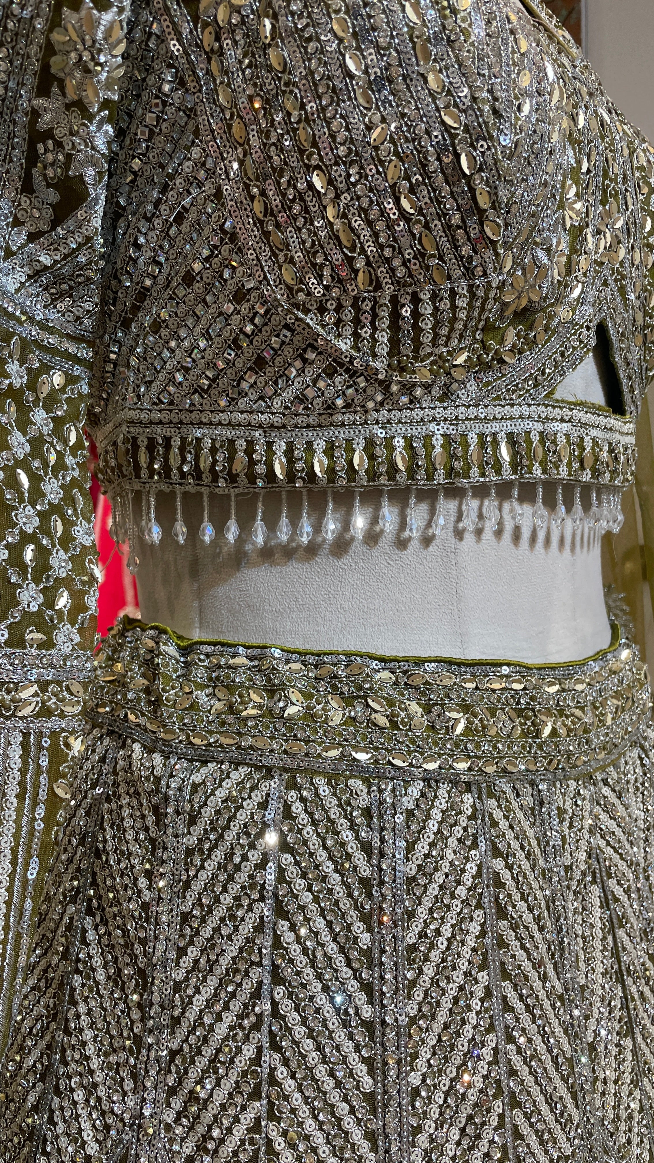 Green net lehenga with silver embellishments - Image 4