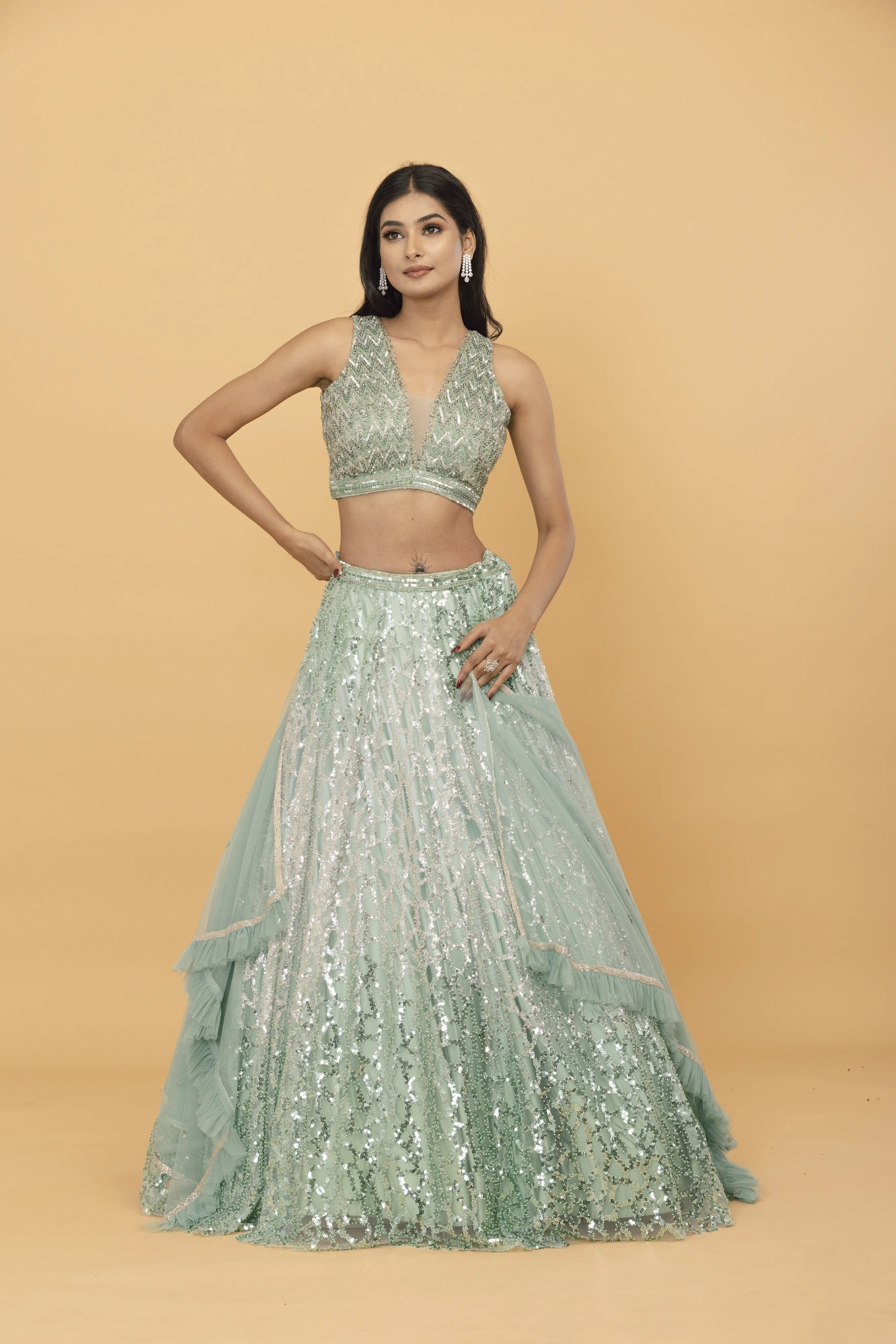 Green Ombre lehenga with sequin embellishment - Image 2
