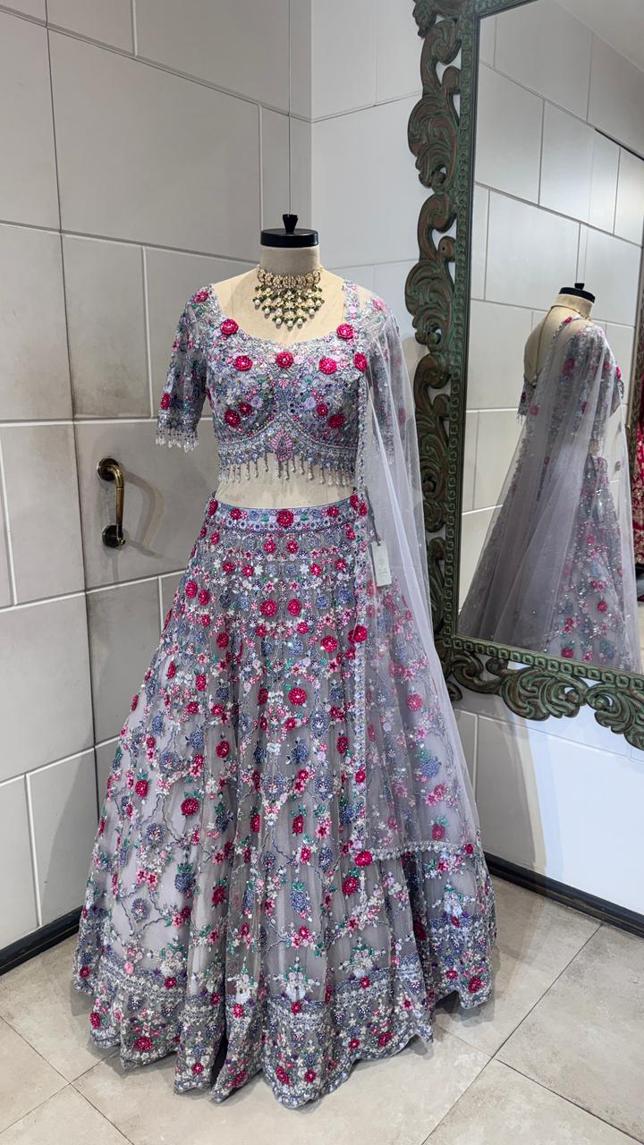 Grey and red flower lehenga - Image 2