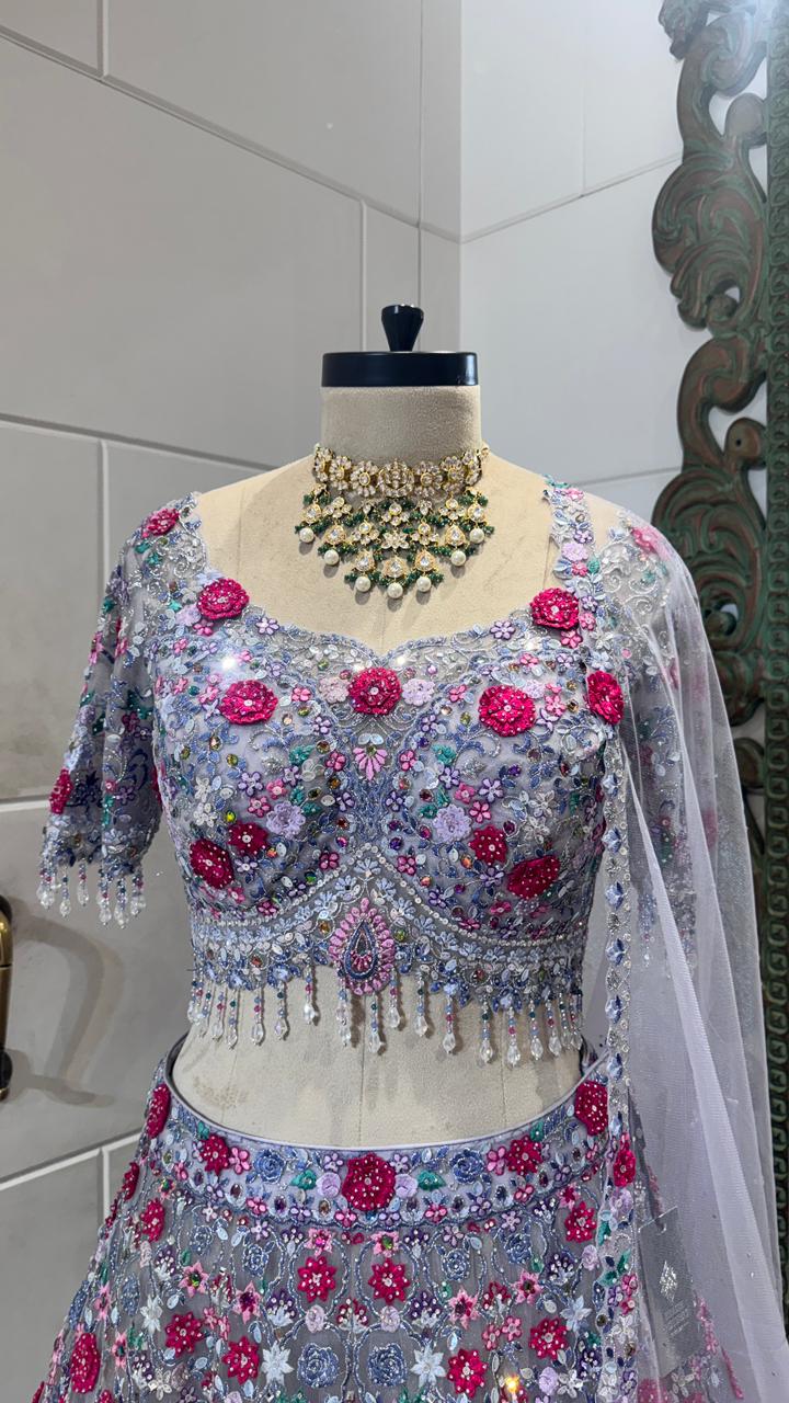 Grey and red flower lehenga - Image 3