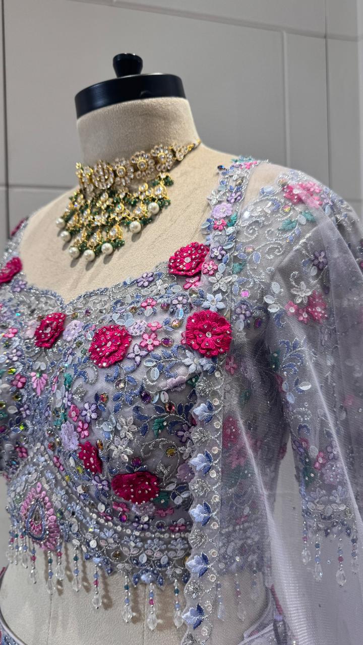 Grey and red flower lehenga - Image 4