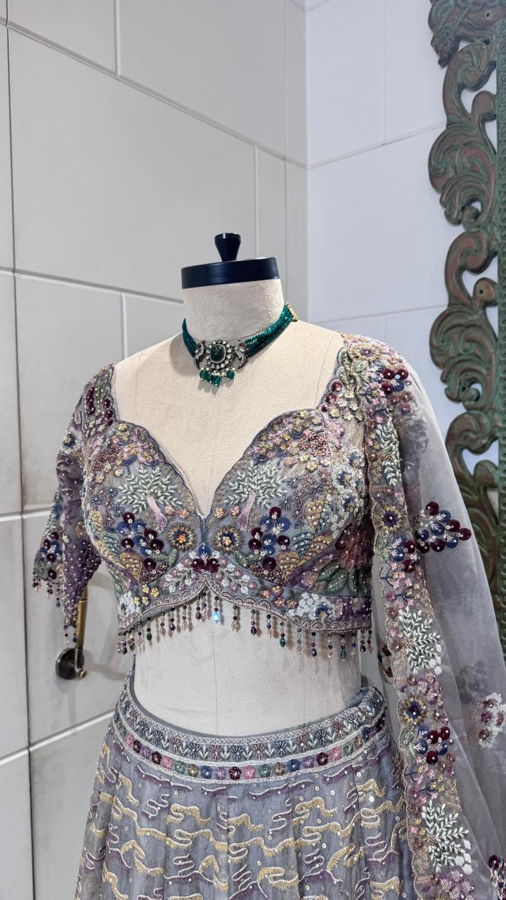 Grey floral lehenga - Image 2
