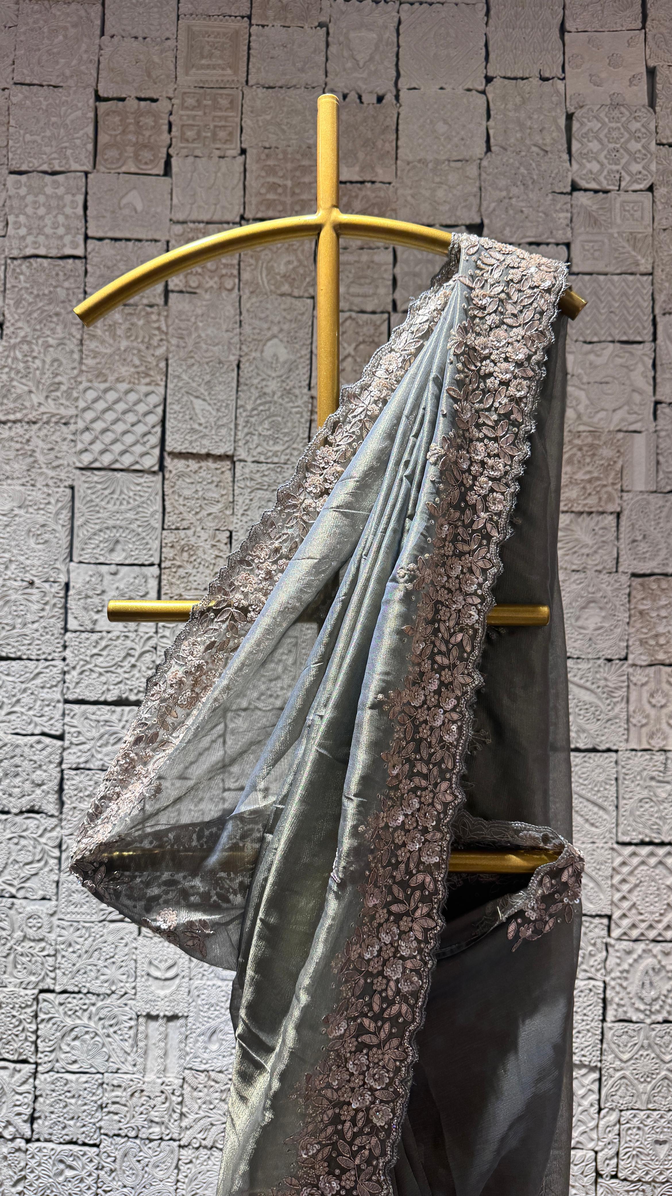 Grey Saree with Embellished Border and Designer Blouse - Image 2