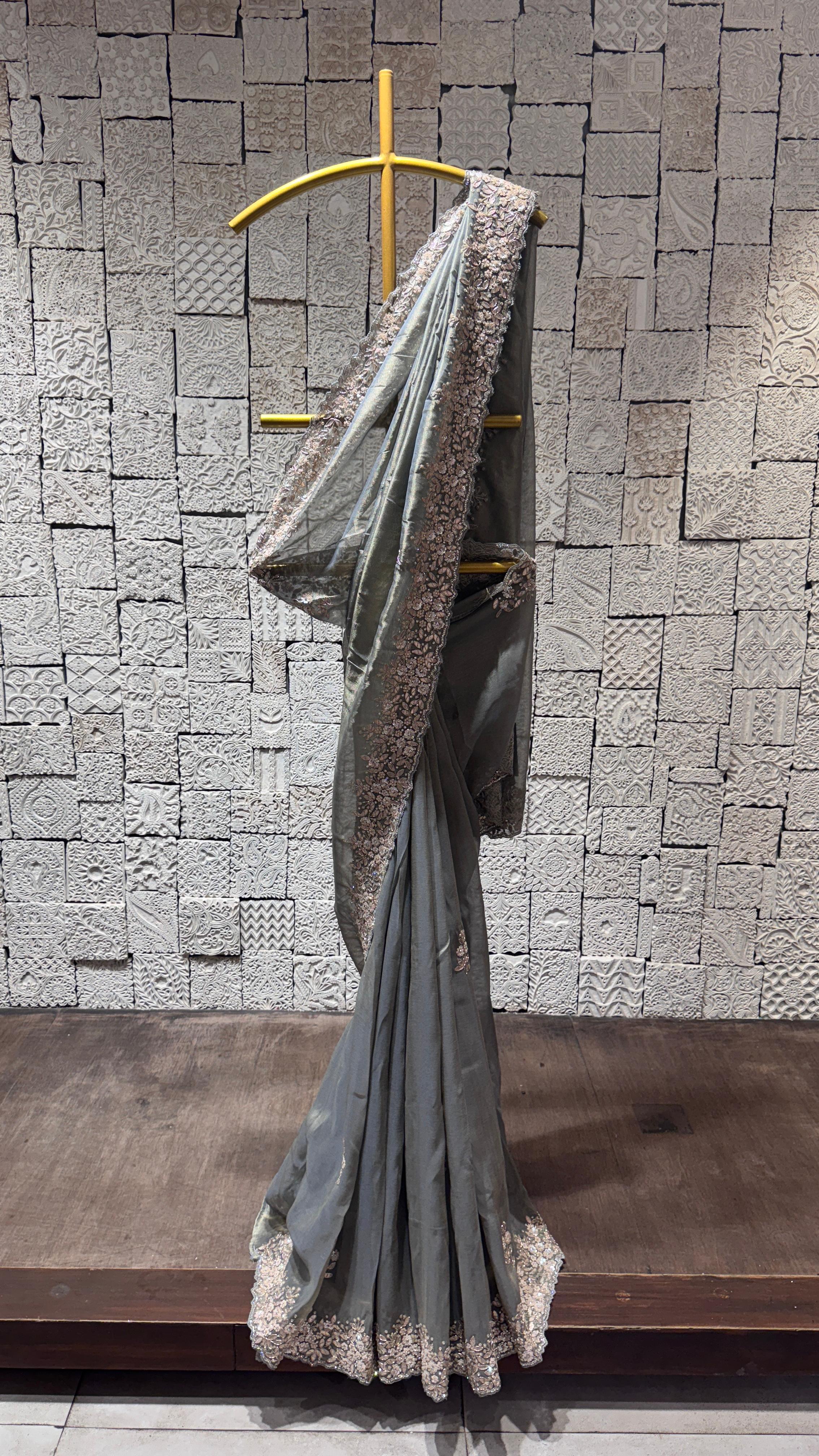 Grey Saree with Embellished Border and Designer Blouse - Image 3