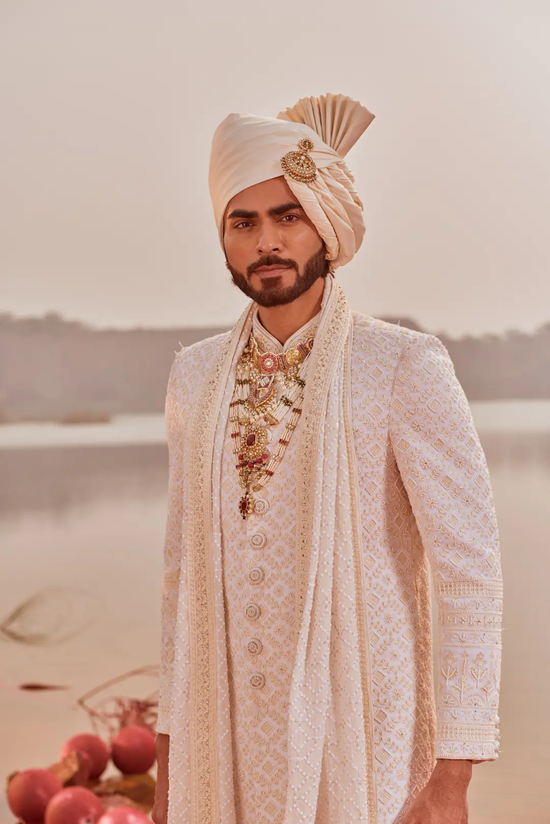 Ivory embroidered Sherwani with classic pearl detailing - Image 3