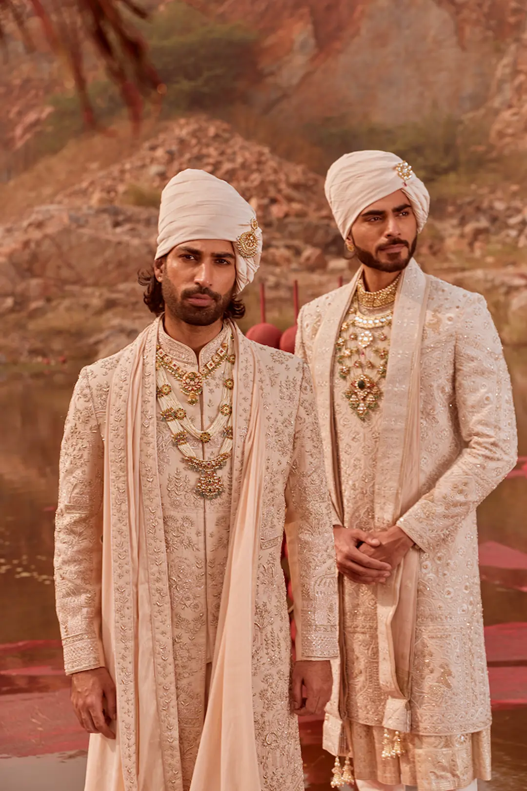 Peach silk Sherwani with zardozi work - Image 3