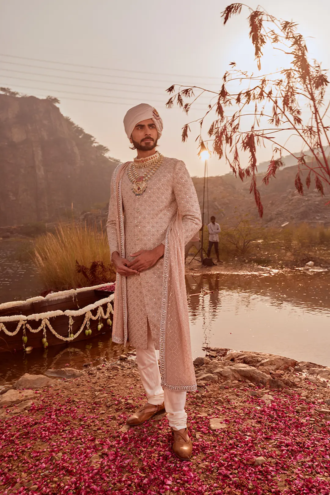 Rose gold silk Sherwani with zardozi embroidery - Image 3